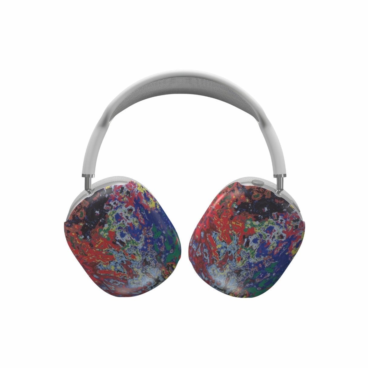 AirPods Max case with a bold vivid pattern Graffiti Pulse abstract and artistic style, featuring an elegant and expressive aesthetic design. Main colors are red, blue, black and yellow. Front view.