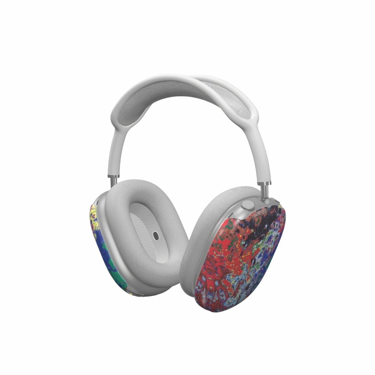 AirPods Max case with a bold vivid pattern Graffiti Pulse abstract and artistic style, featuring an elegant and expressive aesthetic design. Main colors are red, blue, black and yellow. Side view.