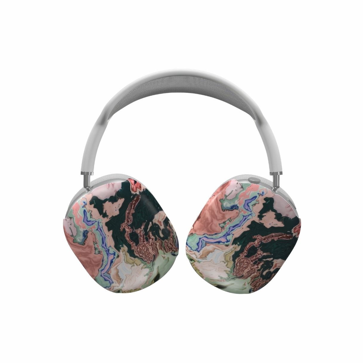 AirPods Max case with a bold vivid pattern Green Not Grass abstract and artistic style, featuring an elegant and expressive aesthetic design. Main colors are green and pink hues. Front view.