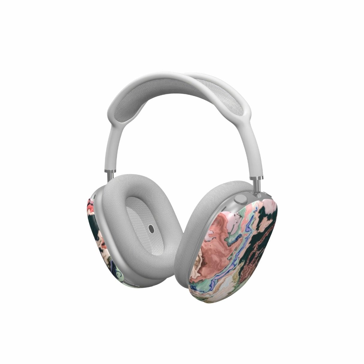 AirPods Max case with a bold vivid pattern Green Not Grass abstract and artistic style, featuring an elegant and expressive aesthetic design. Main colors are green and pink hues. Side view.