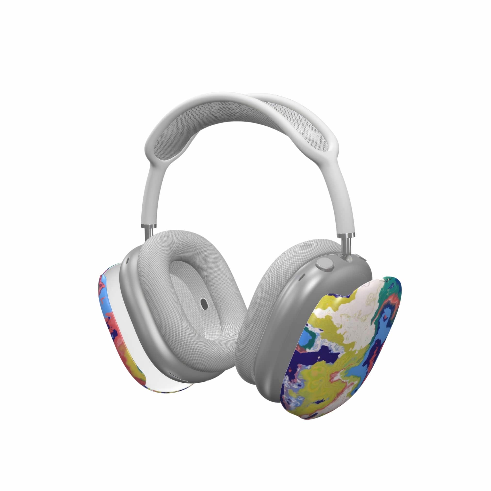 AirPods Max tough case extend view; Jamaica pattern, artistic, abstract marble pattern. Dark blue, yellow and white color combination.