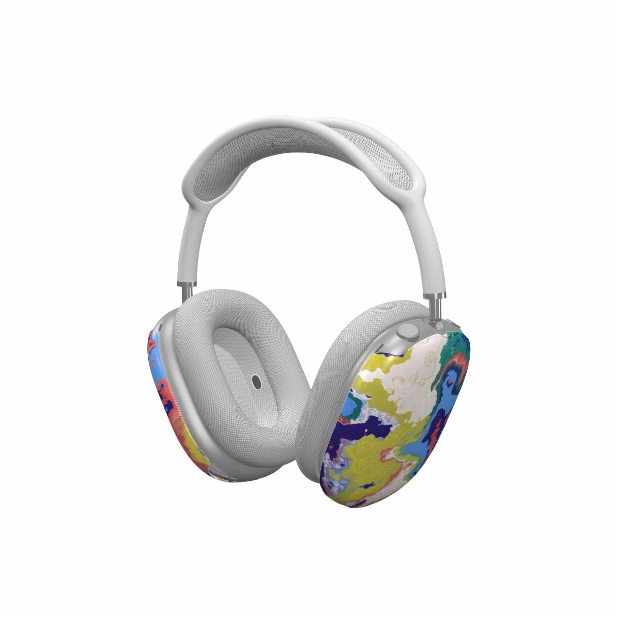 AirPods Max tough case side view; Jamaica pattern, artistic, abstract marble pattern. Dark blue, yellow and white color combination. Bold expressive aesthetic design. Colorful and interior fit.