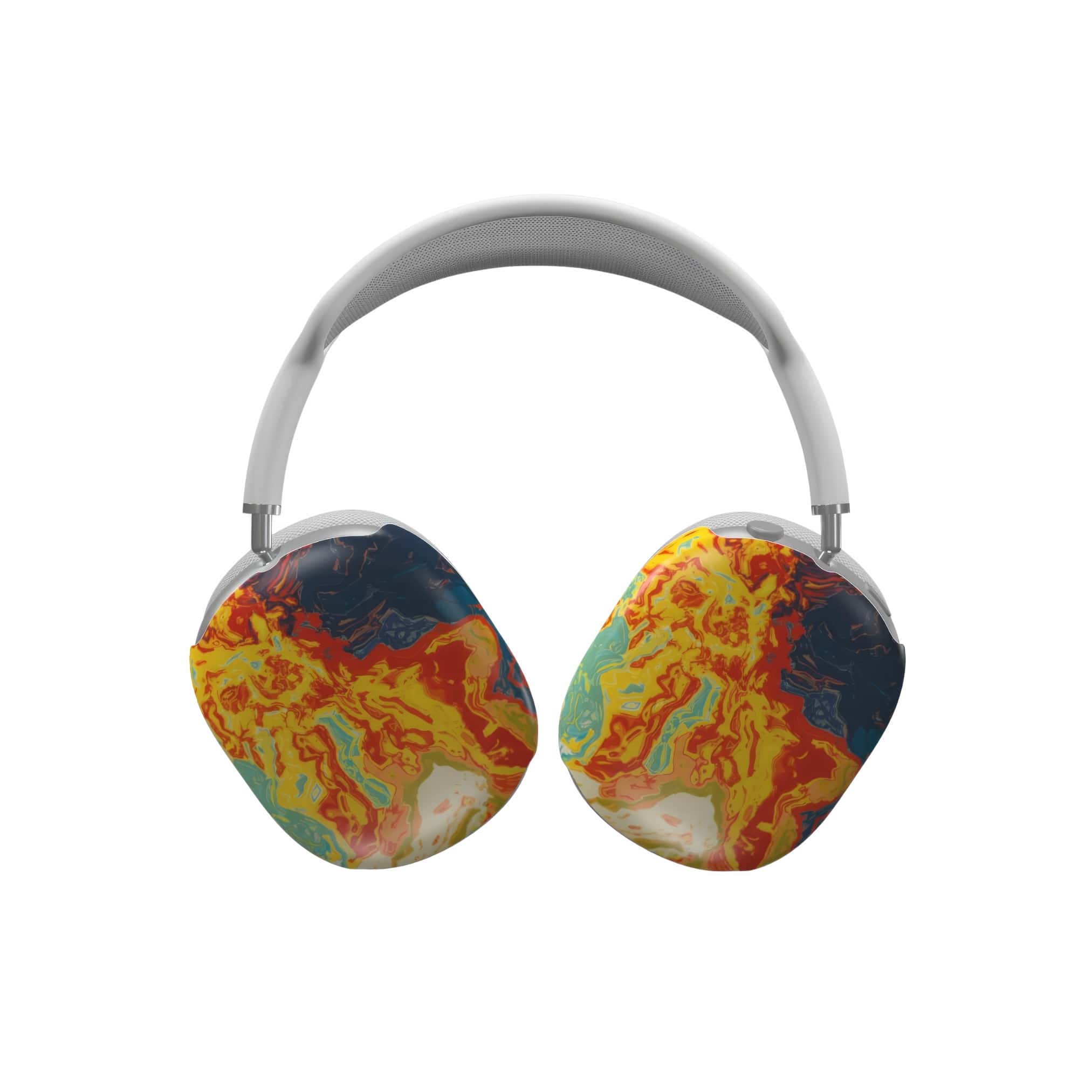 AirPods Max case with a bold vivid pattern in marble abstract and artistic style, featuring an elegant and expressive aesthetic design. Main colors are navy deep blue, rich yellow, red and marine blue. Front view.