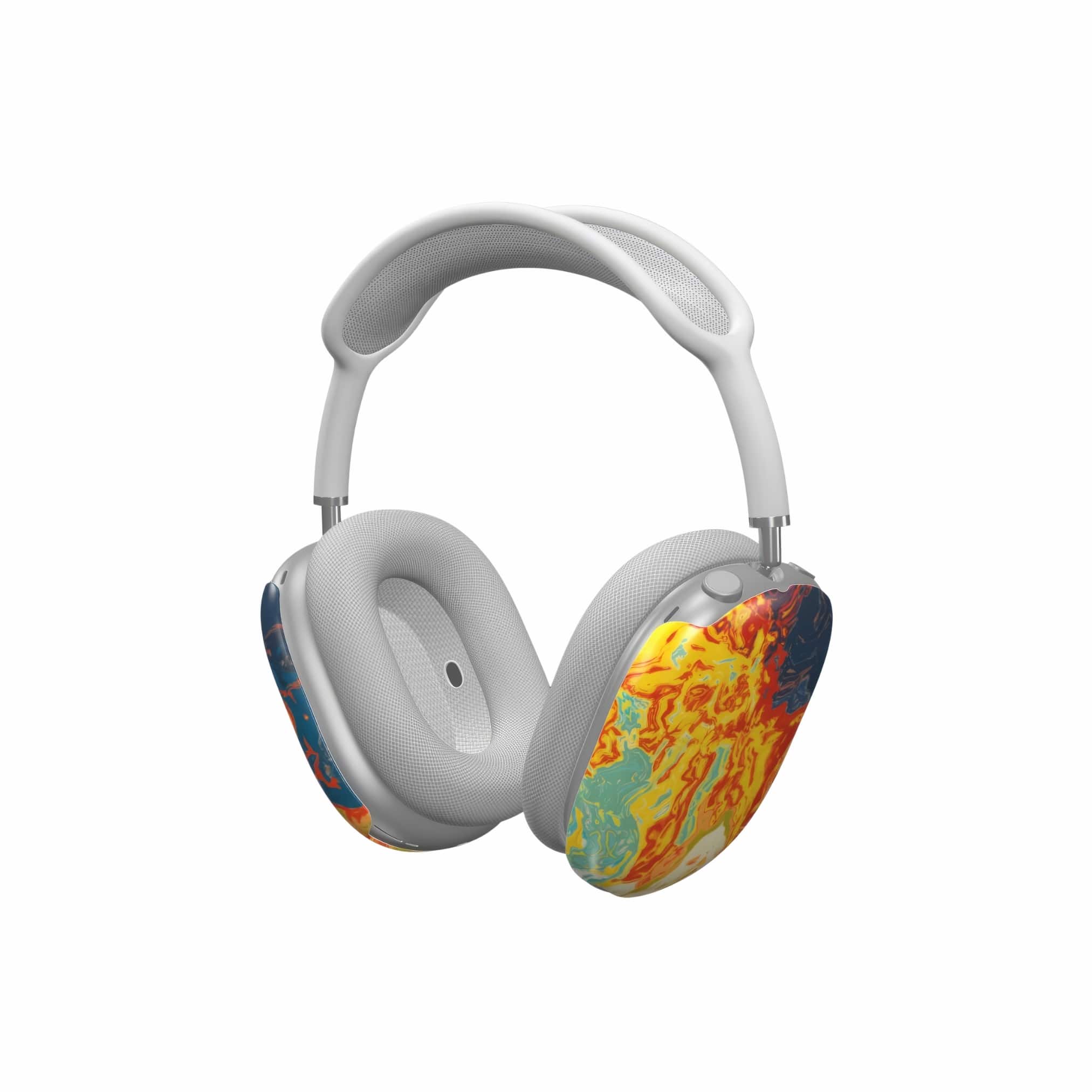 AirPods Max case with a bold vivid pattern in marble abstract and artistic style, featuring an elegant and expressive aesthetic design. Main colors are navy deep blue, rich yellow, red and marine blue. Side view.