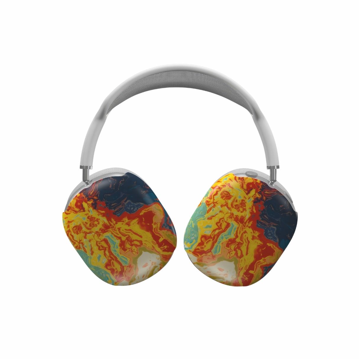 AirPods Max case with a bold vivid pattern in marble abstract and artistic style, featuring an elegant and expressive aesthetic design. Main colors are navy deep blue, rich yellow, red and marine blue. Front view.
