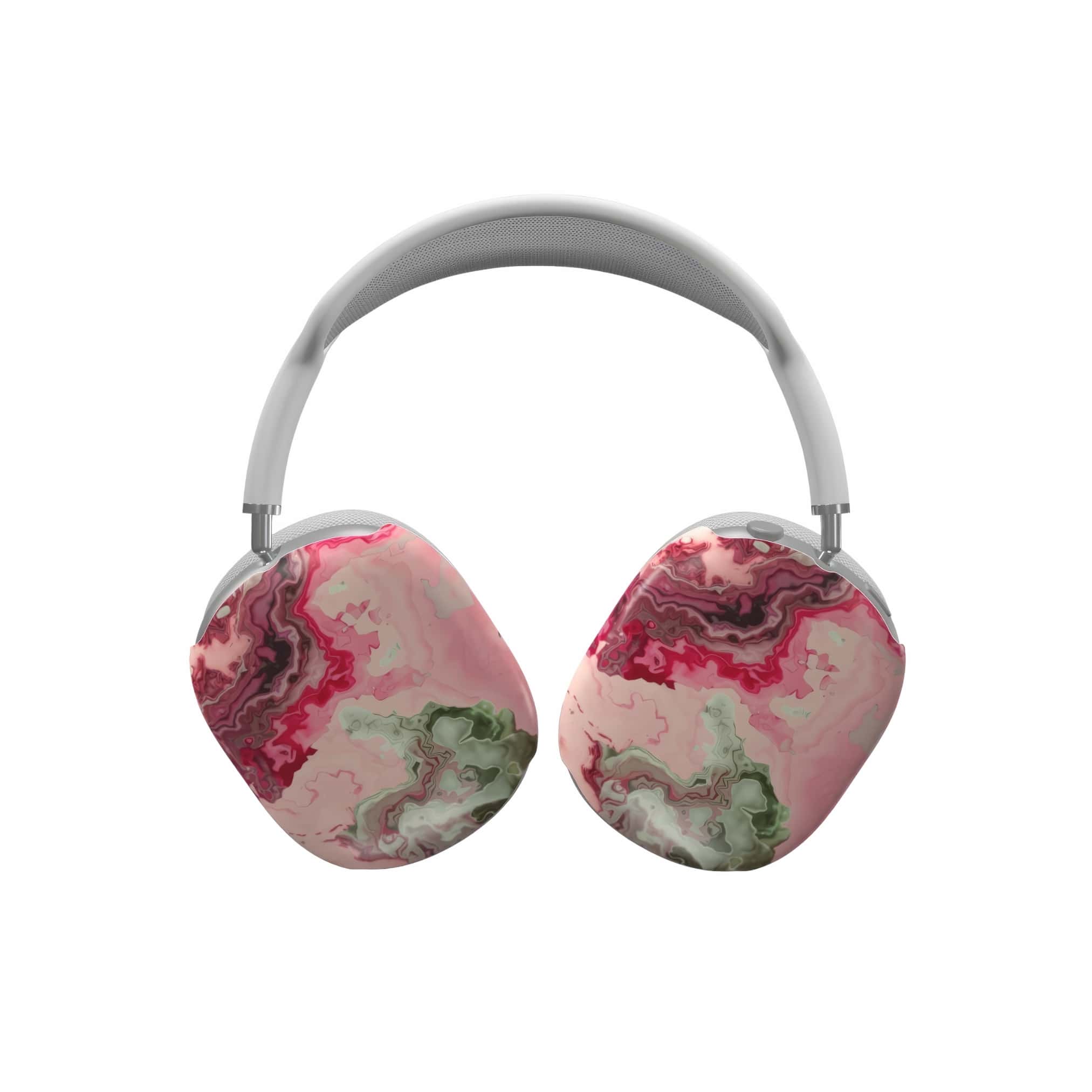 AirPods Max case with a bold vivid pattern Like Flamingo 1 in marble abstract and artistic style, featuring an elegant and expressive aesthetic design. Main colors are pink and green. Front view.