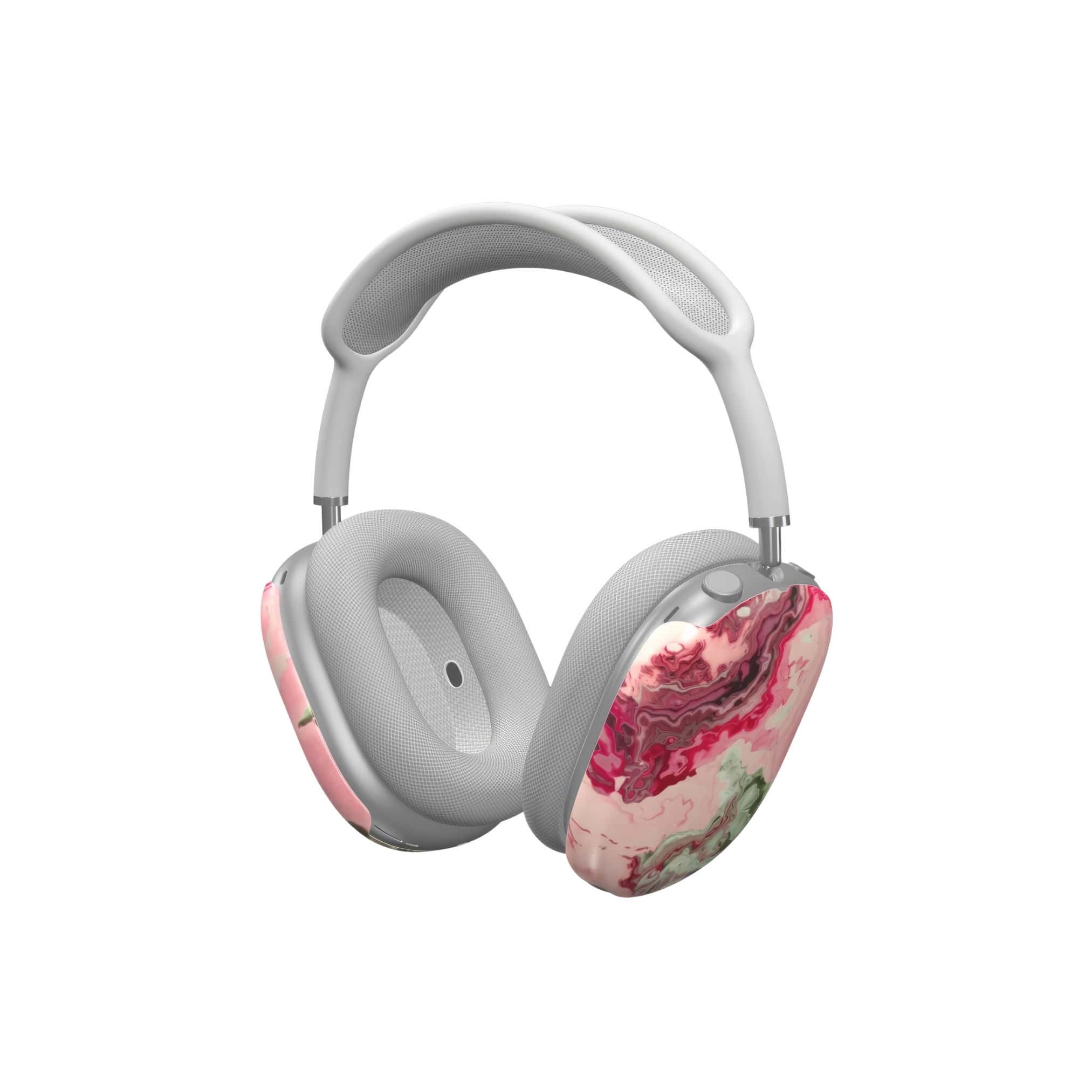 AirPods Max case with a bold vivid pattern Like Flamingo 1 in marble abstract and artistic style, featuring an elegant and expressive aesthetic design. Main colors are pink and green. Side view.