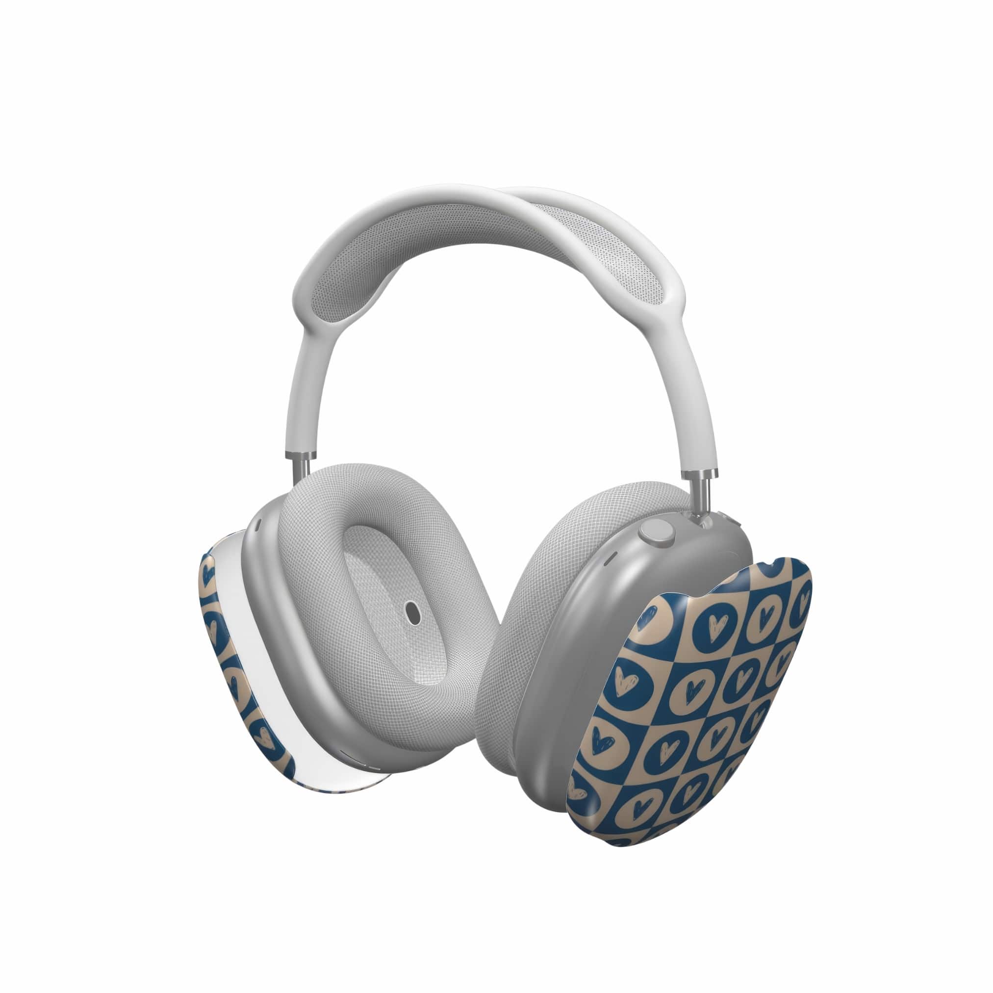 AirPods Max case LovDot Blue pattern design with a dynamic geometric symmetry in heart and dot style, featuring an elegant and expressive aesthetic design. Main colors are steel blue and light brown. Extend view.