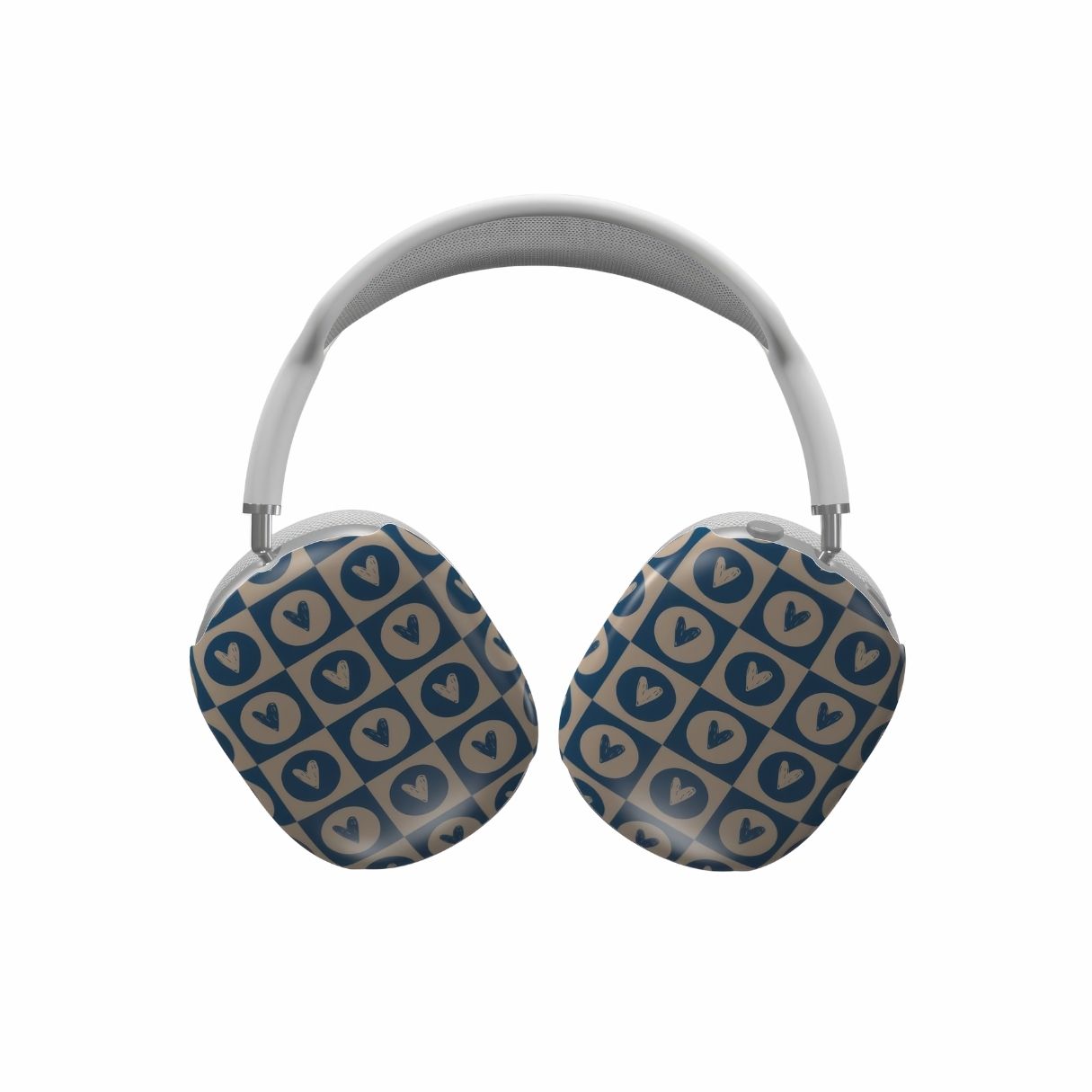 AirPods Max case LovDot Blue pattern design with a dynamic geometric symmetry in heart and dot style, featuring an elegant and expressive aesthetic design. Main colors are steel blue and light brown. Front view.