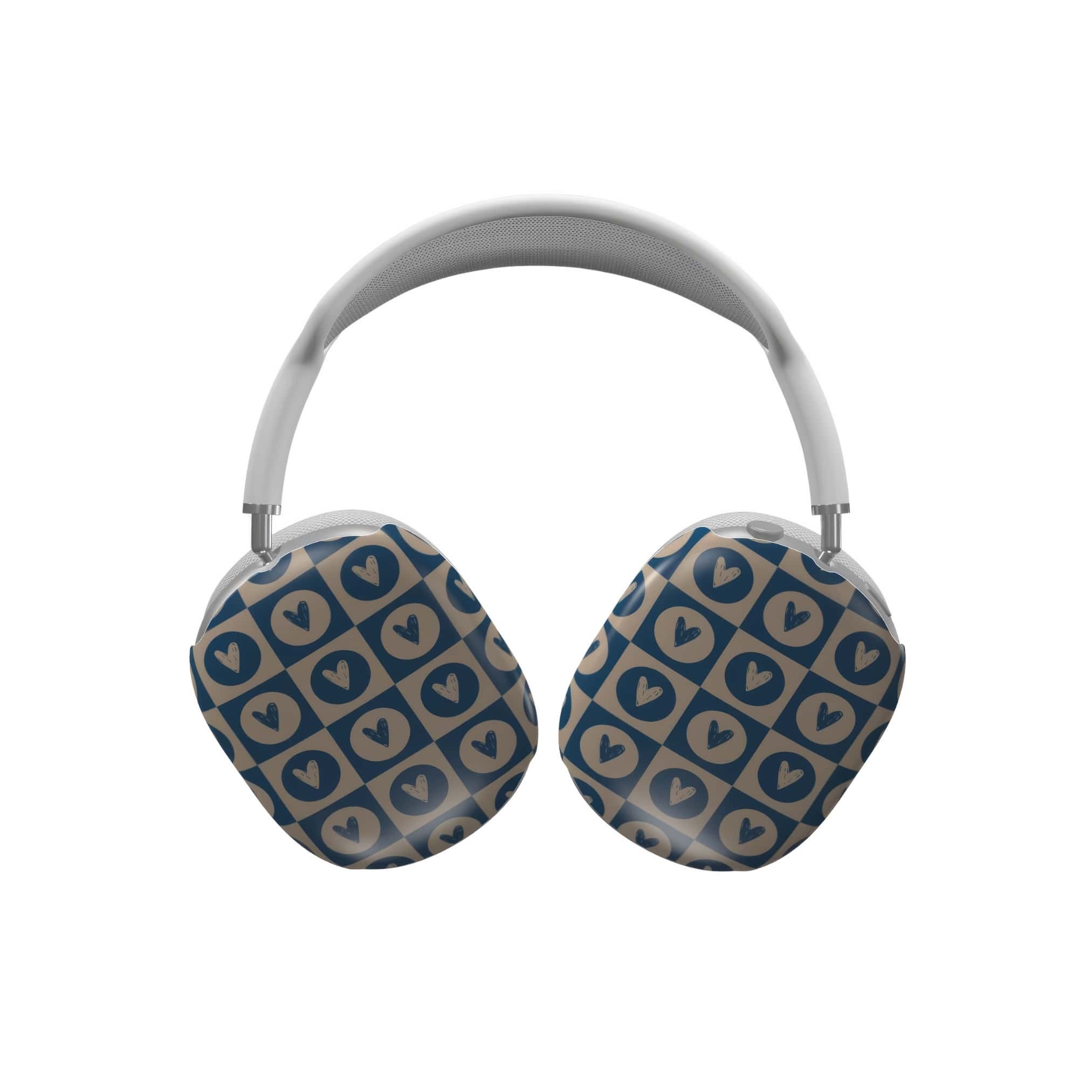 AirPods Max case LovDot Blue pattern design with a dynamic geometric symmetry in heart and dot style, featuring an elegant and expressive aesthetic design. Main colors are steel blue and light brown. Front view.