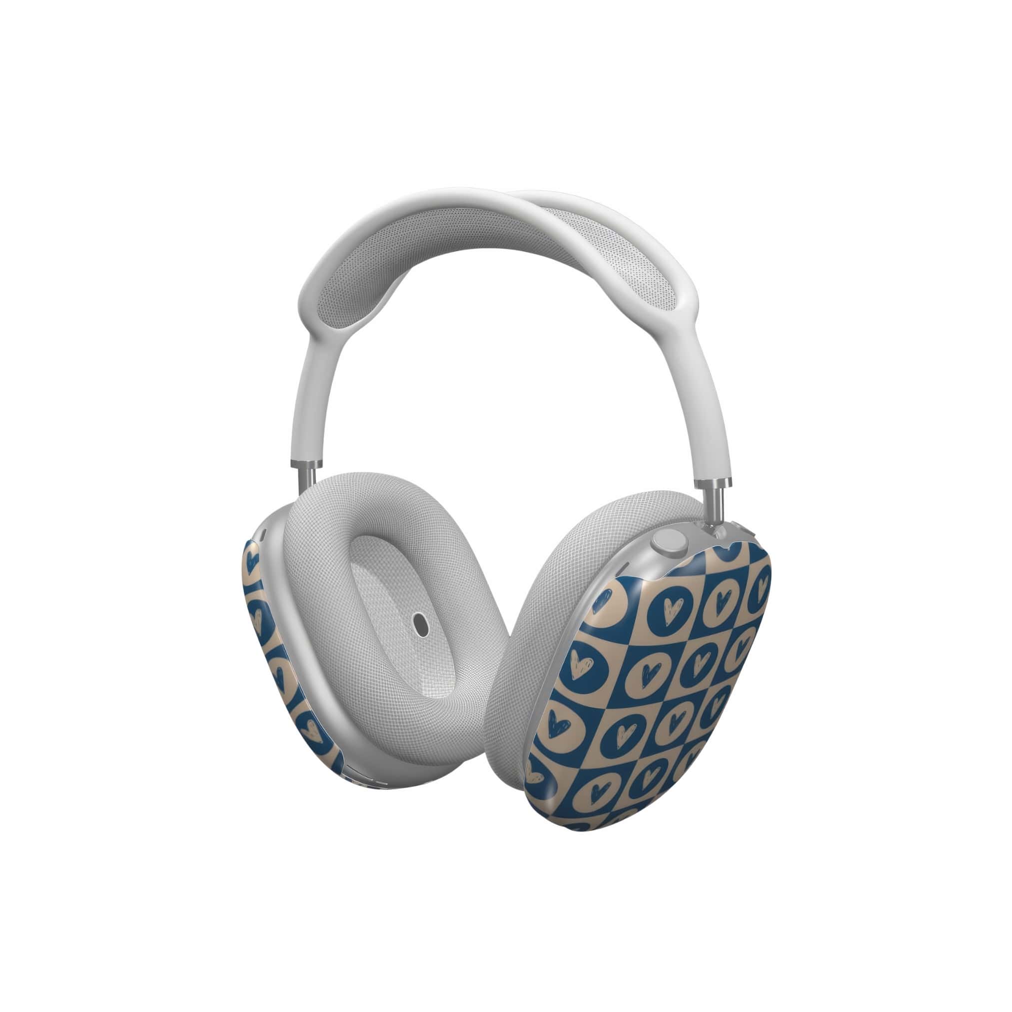 AirPods Max case LovDot Blue pattern design with a dynamic geometric symmetry in heart and dot style, featuring an elegant and expressive aesthetic design. Main colors are steel blue and light brown. Side view.