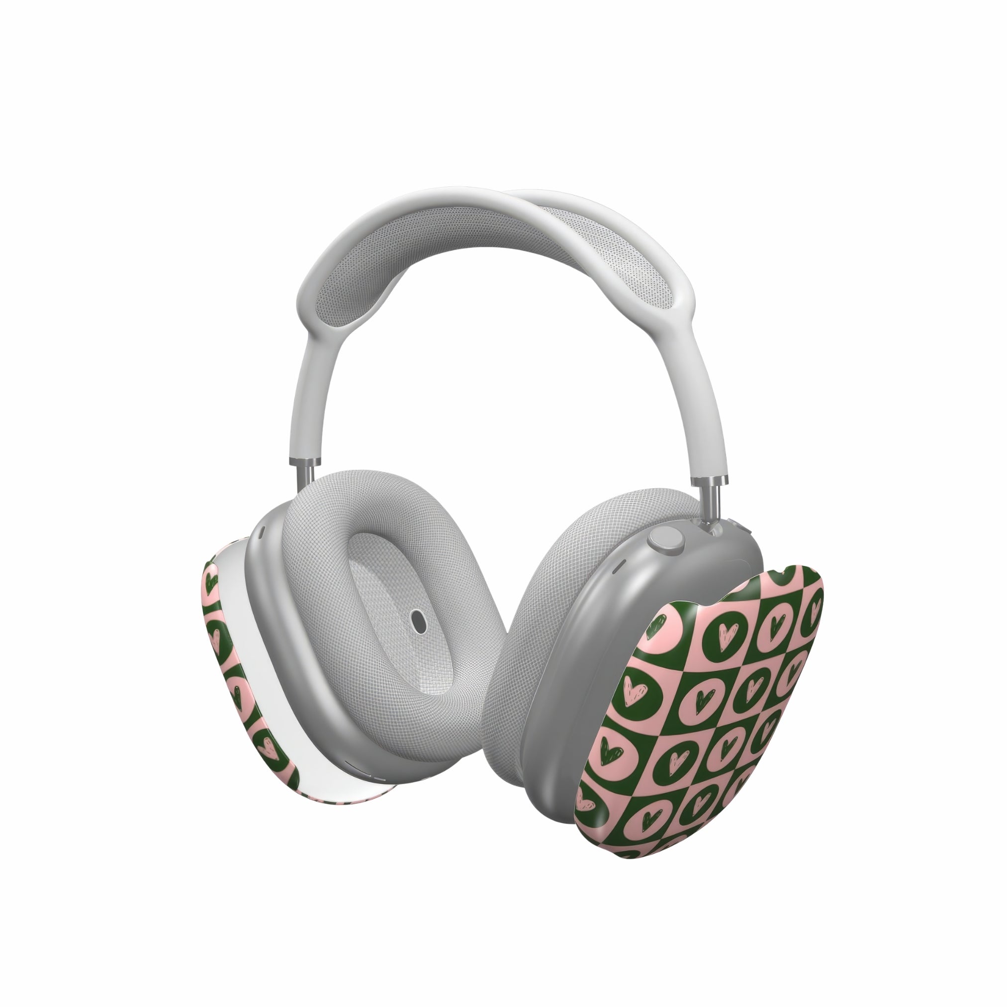 AirPods Max case LovDot Vintage Rose pattern design with a dynamic geometric symmetry in heart and dot style, featuring an elegant and expressive aesthetic design. Main colors are vintage pink and green. Extend view.