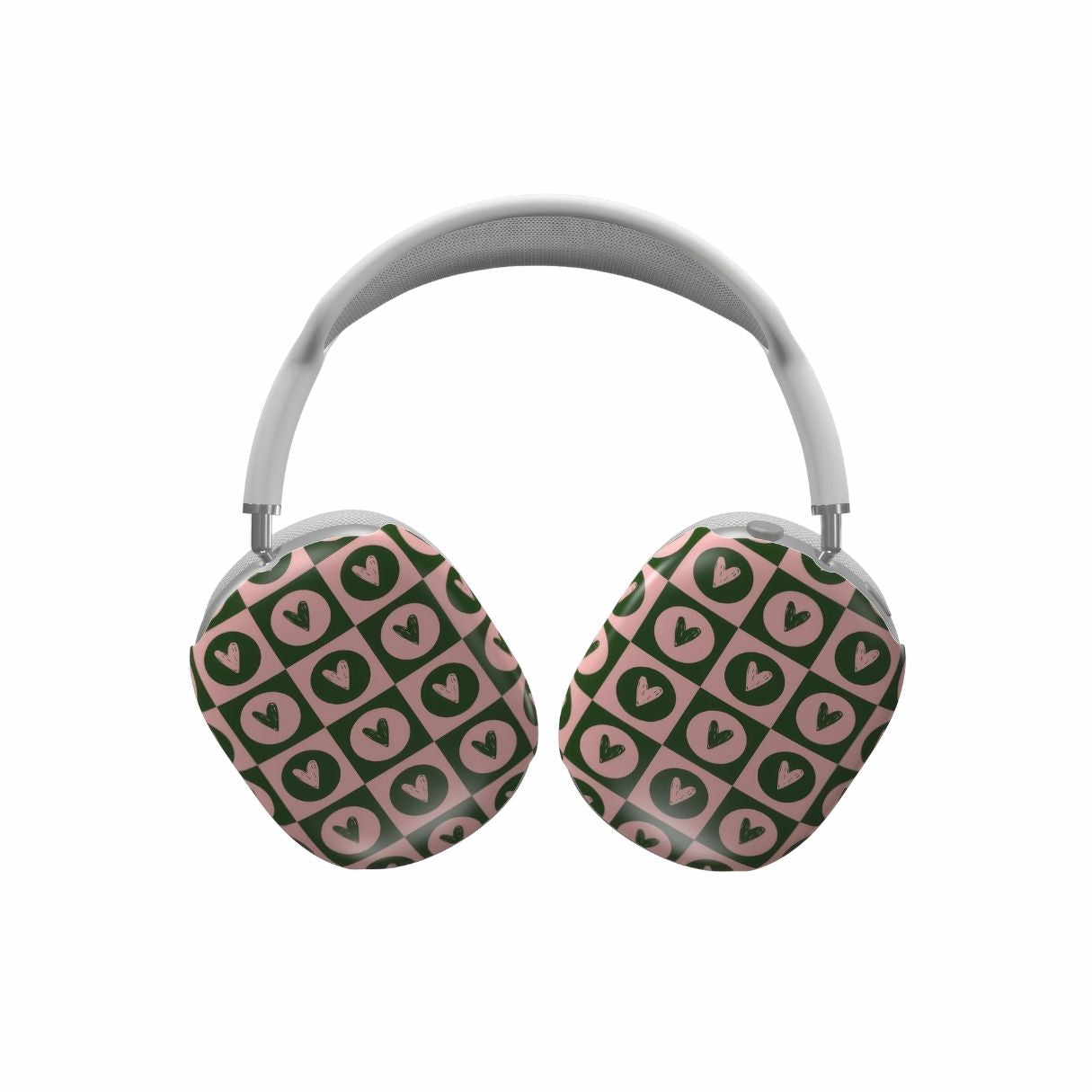 AirPods Max case LovDot Vintage Rose pattern design with a dynamic geometric symmetry in heart and dot style, featuring an elegant and expressive aesthetic design. Main colors are vintage pink and green. Front view.