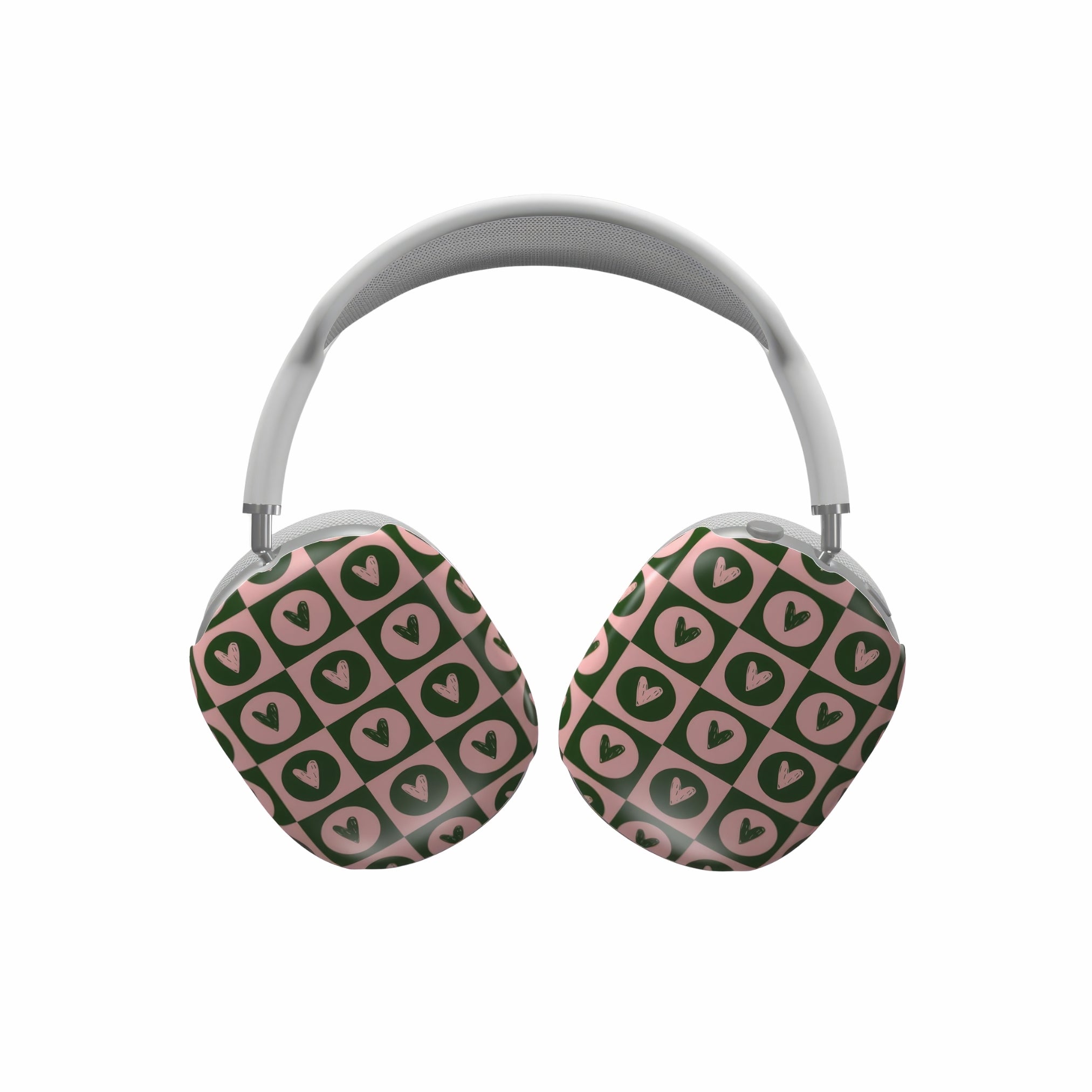AirPods Max case LovDot Vintage Rose pattern design with a dynamic geometric symmetry in heart and dot style, featuring an elegant and expressive aesthetic design. Main colors are vintage pink and green. Front view.