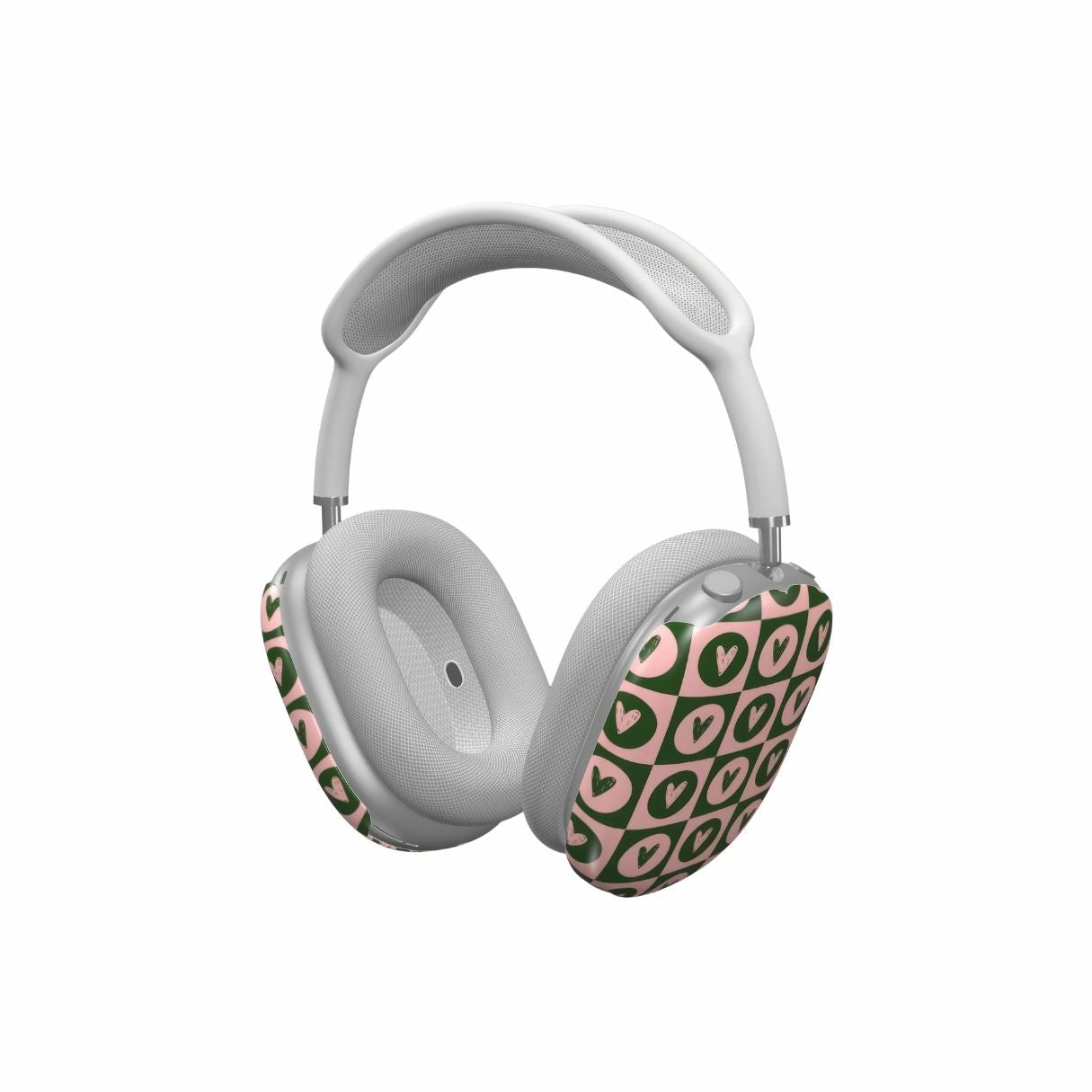 AirPods Max case LovDot Vintage Rose pattern design with a dynamic geometric symmetry in heart and dot style, featuring an elegant and expressive aesthetic design. Main colors are vintage pink and green. Side view.
