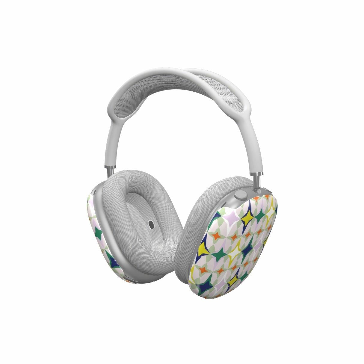 AirPods Max Magic Spring pattern design with a dynamic geometric symmetry in geometric style, featuring an elegant and expressive aesthetic design. Main colors are green, yellow, orange red and deep blue. Side view.