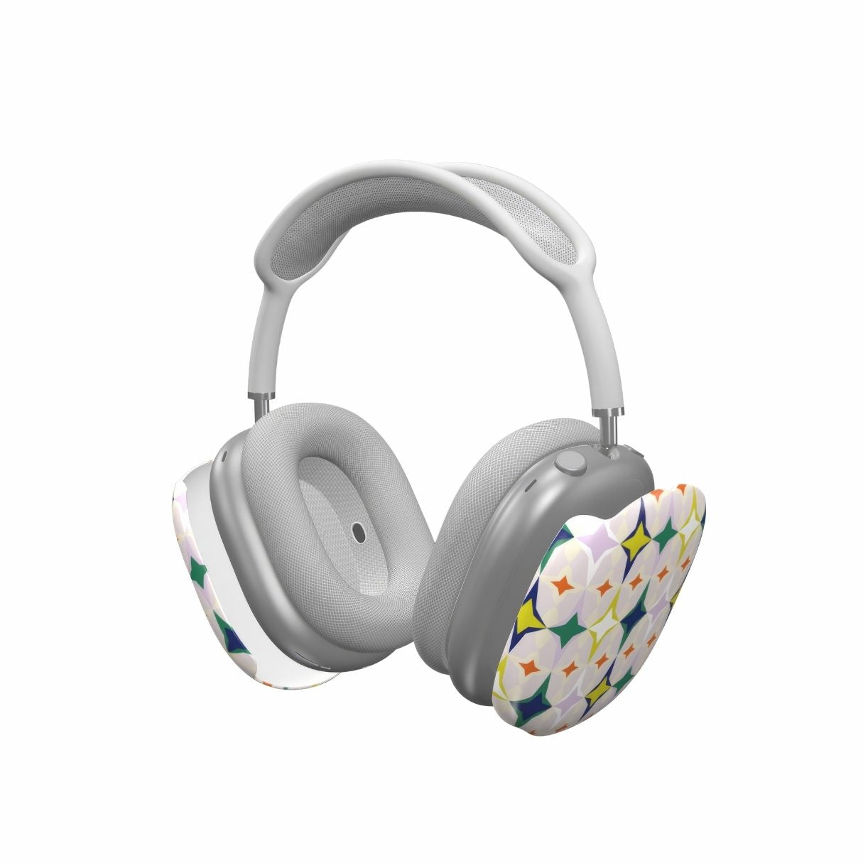 AirPods Max case Magic Summer pattern design with a dynamic geometric symmetry in geometric style, featuring an elegant and expressive aesthetic design. Main colors are green, yellow, orange red and lilac. Extend view.