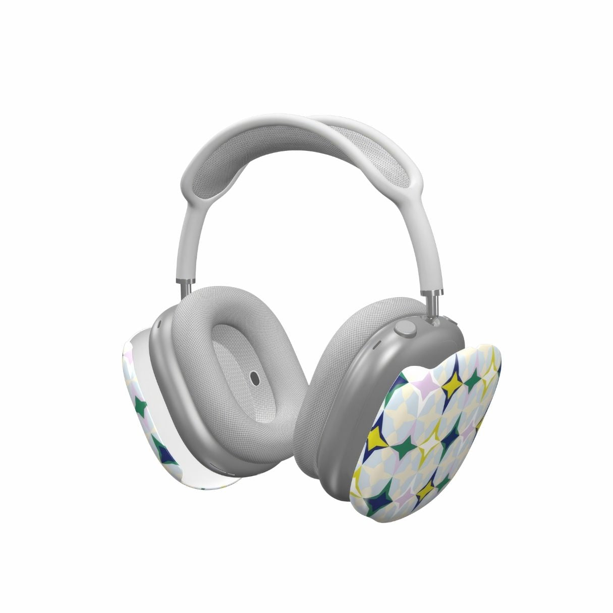 AirPods Max case Magic Winter pattern design with a dynamic geometric symmetry in geometric style, featuring an elegant and expressive aesthetic design. Main colors are divine blue, yellow, green and deep blue. Extend view.