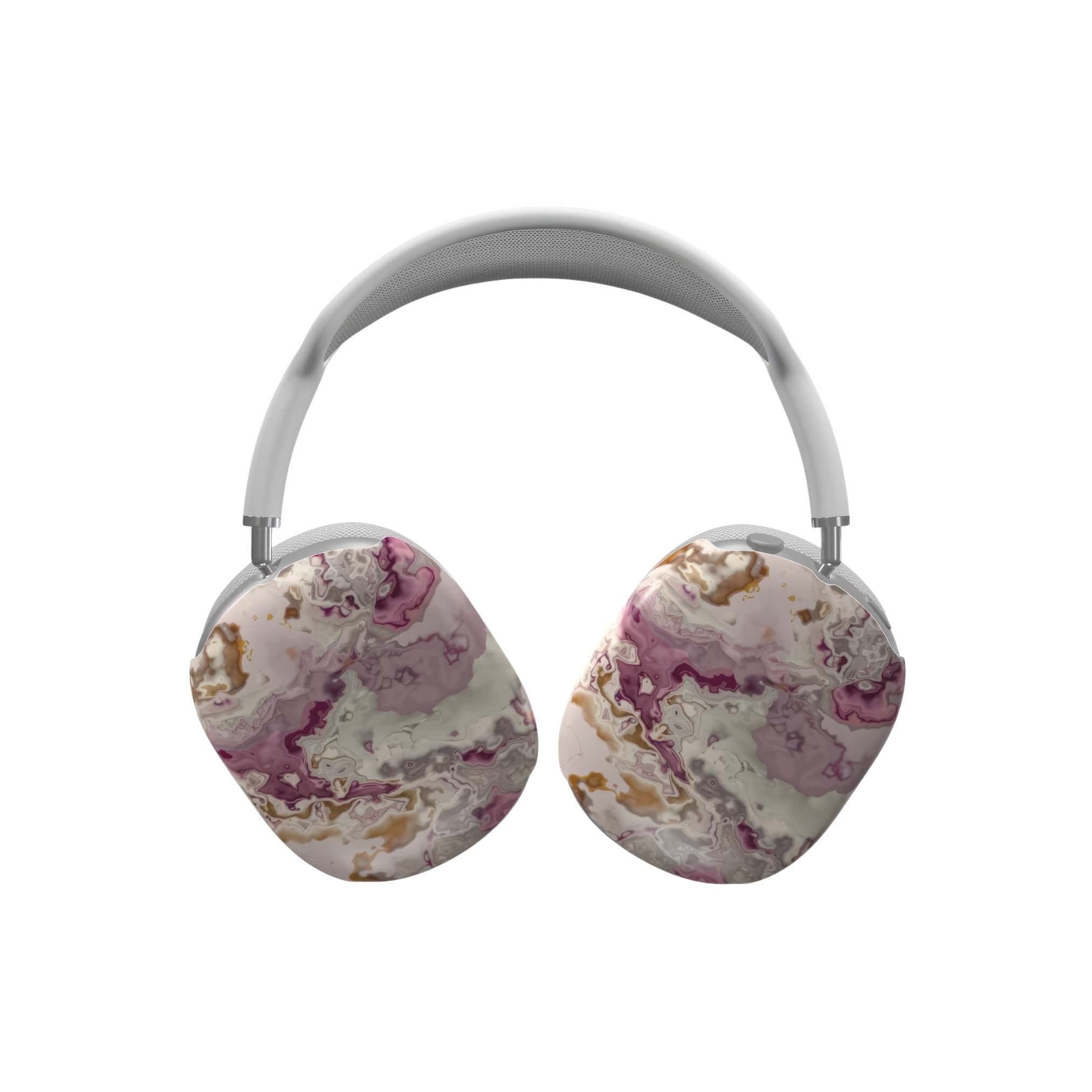 Tough AirPods Max case front view; Marshmallow 1 pattern, artistic, abstract marble pattern. Pink and beige color combination. Bold expressive aesthetic design. Colorful and interior fit. Elegant.