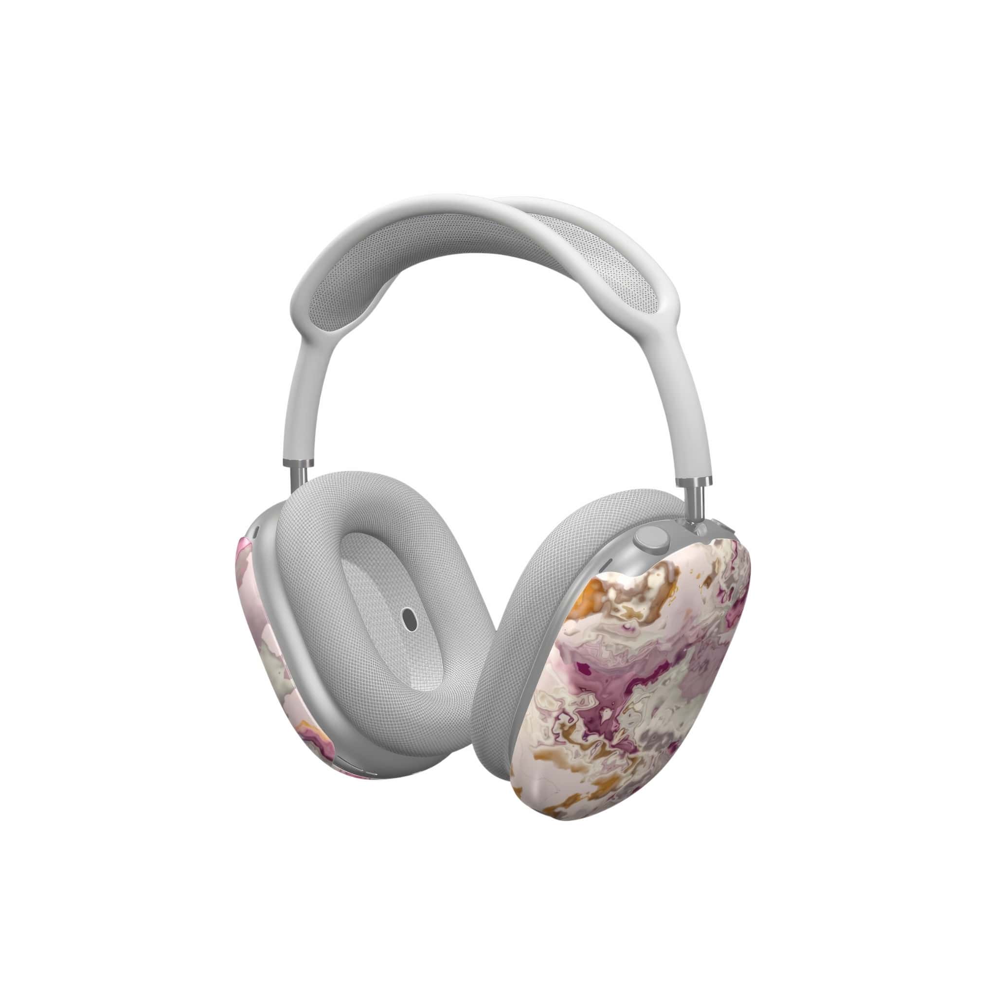 Tough AirPods Max case side view; Marshmallow 1 pattern, artistic, abstract marble pattern. Pink and beige color combination. 