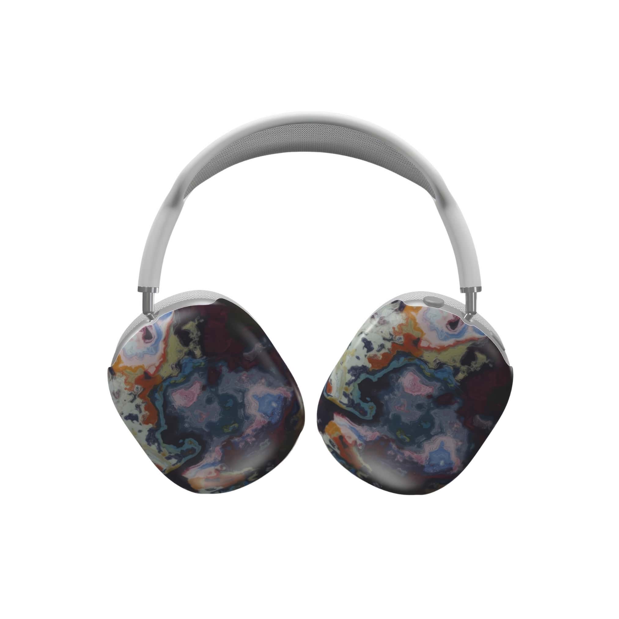 Tough AirPods Max case front view; Molten Berries pattern, artistic, abstract marble pattern. Dark purple color. Bold expressive aesthetic design. Colorful and interior fit. Elegant.
