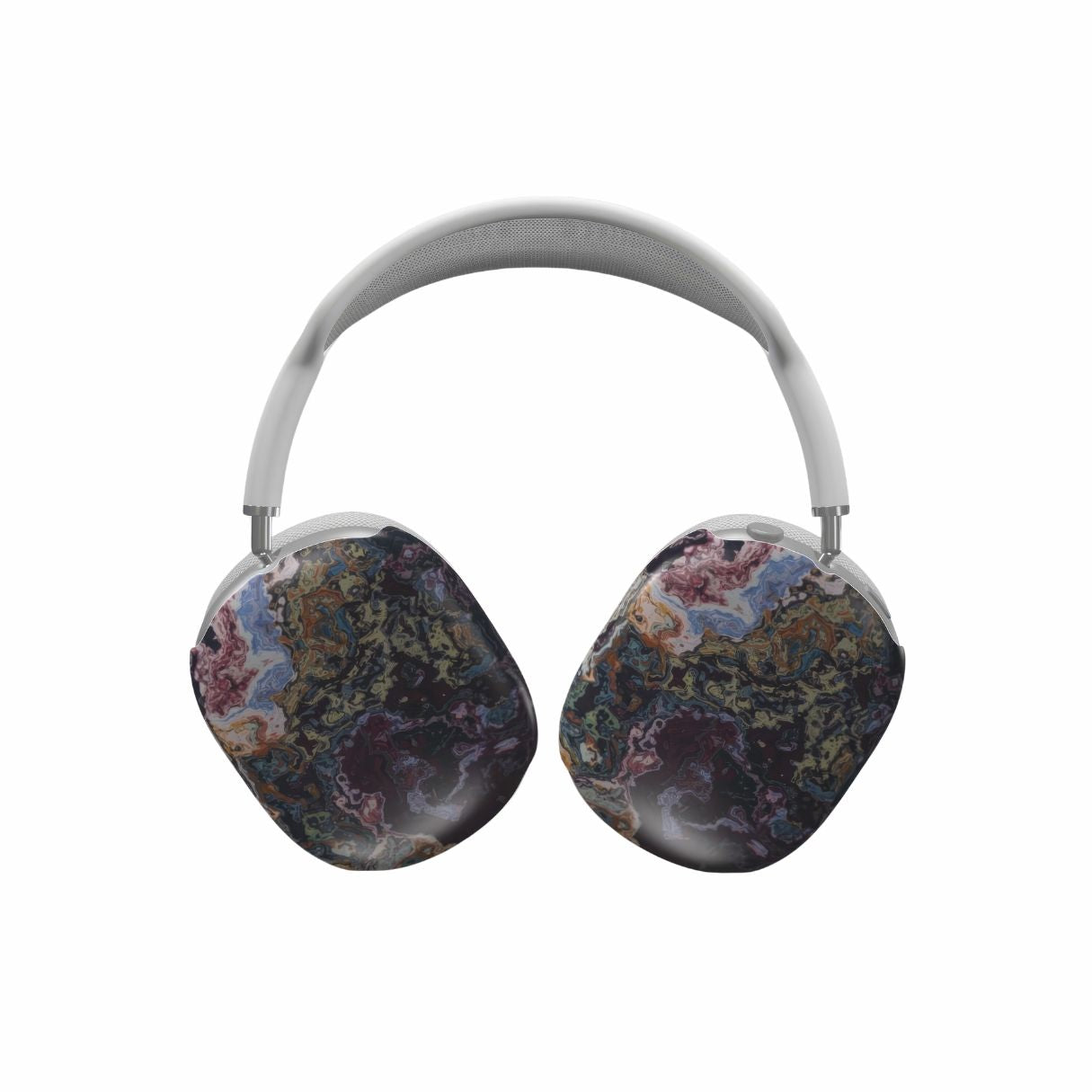 Tough AirPods Max case front view; Molten Berries Mix pattern, artistic, abstract marble pattern. Dark purple color. Bold expressive aesthetic design. Colorful and interior fit. Elegant.