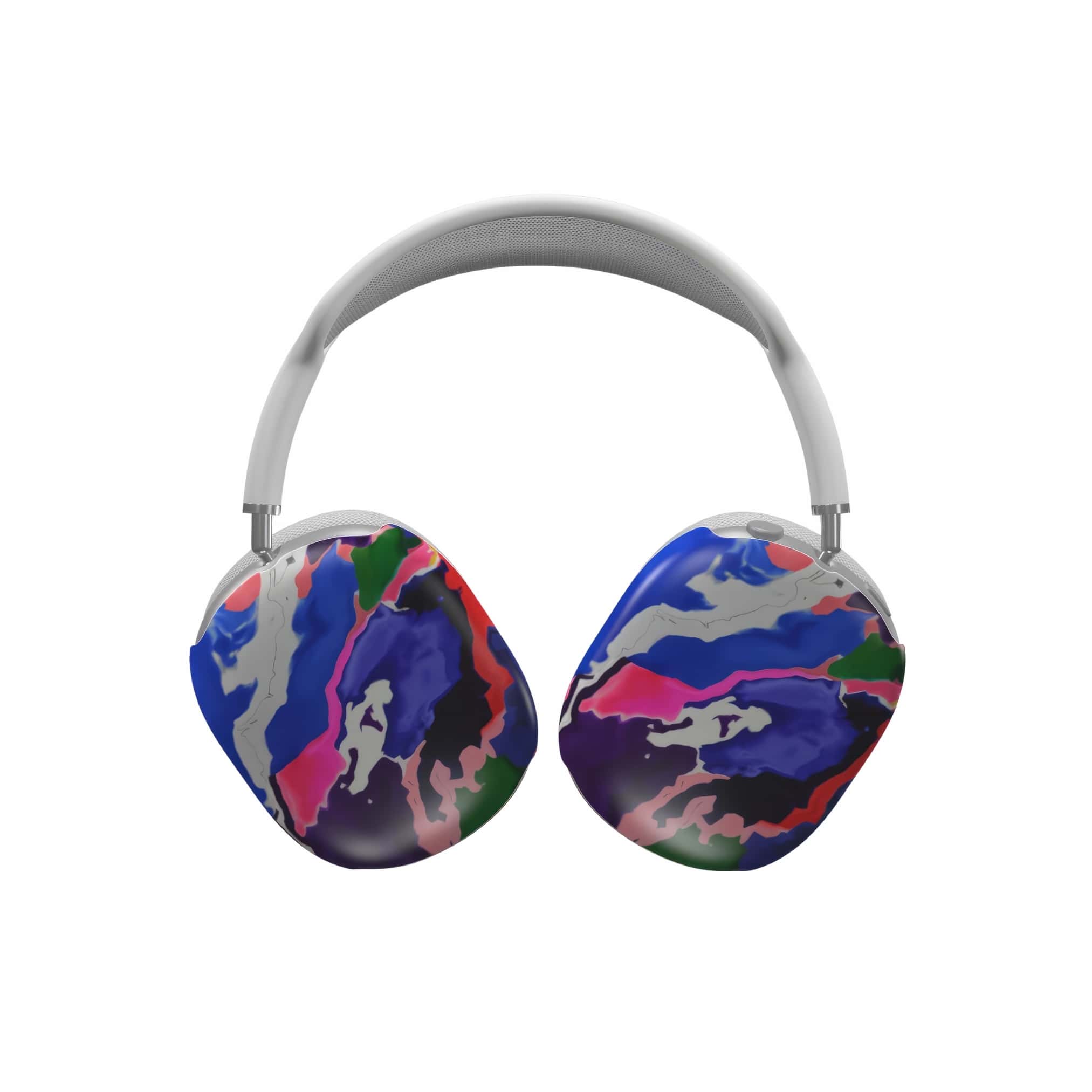AirPods Max tough case front view; Nebula Drift pattern, artistic, abstract marble pattern. Blue and purple color combination. Bold expressive aesthetic design. Colorful and interior fit. Elegant.