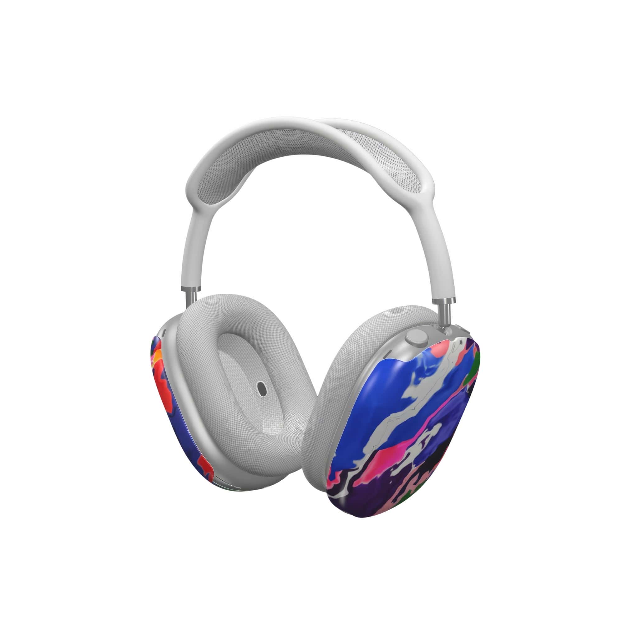 AirPods Max tough case side view; Nebula Drift pattern, artistic, abstract marble pattern. Blue and purple color combination. Bold expressive aesthetic design. Colorful and interior fit. Elegant.