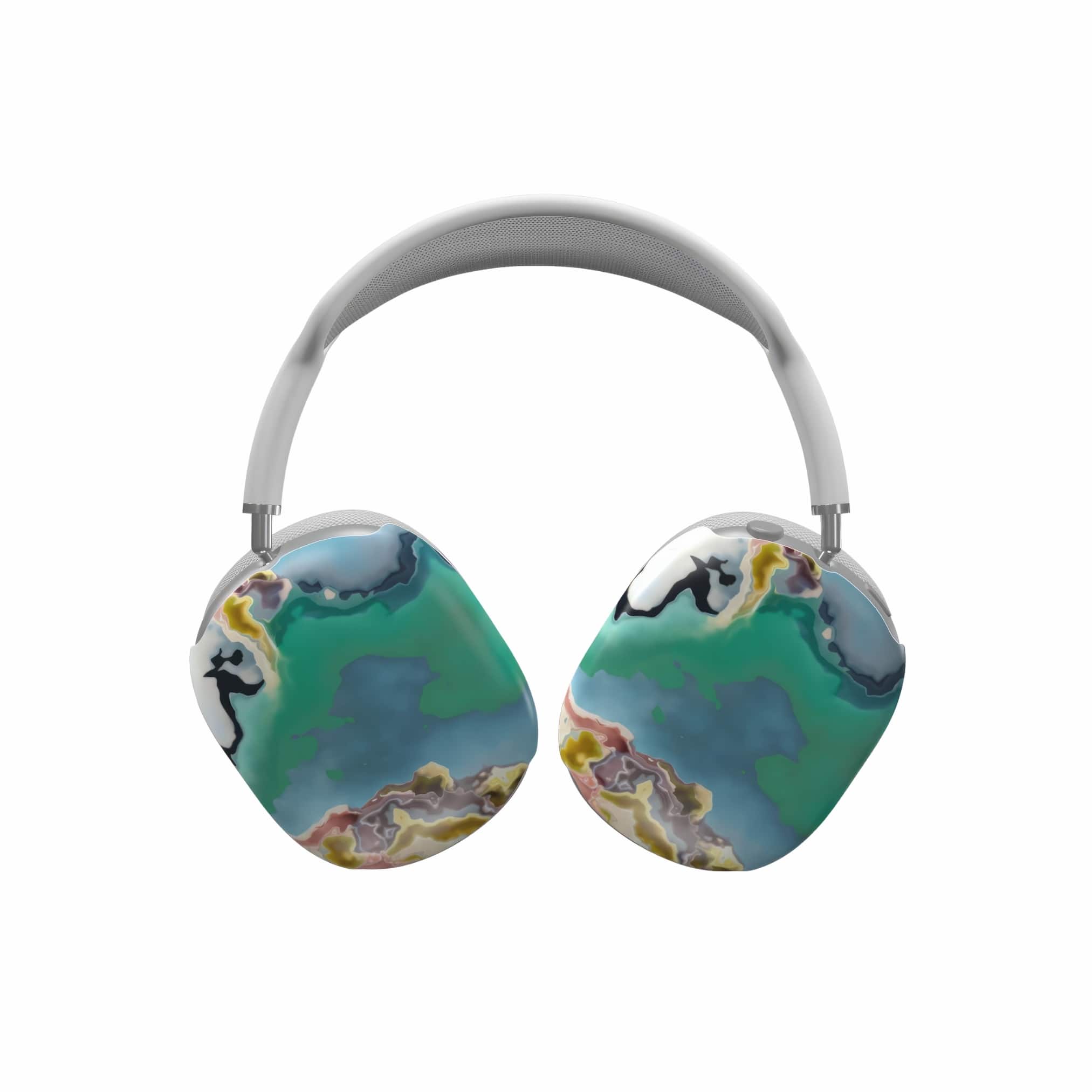 AirPods Max tough case with a bold vivid pattern Oceans Breath 1 in marble abstract and artistic style, featuring an elegant and expressive aesthetic design. Main colors are blue and green. Front view.