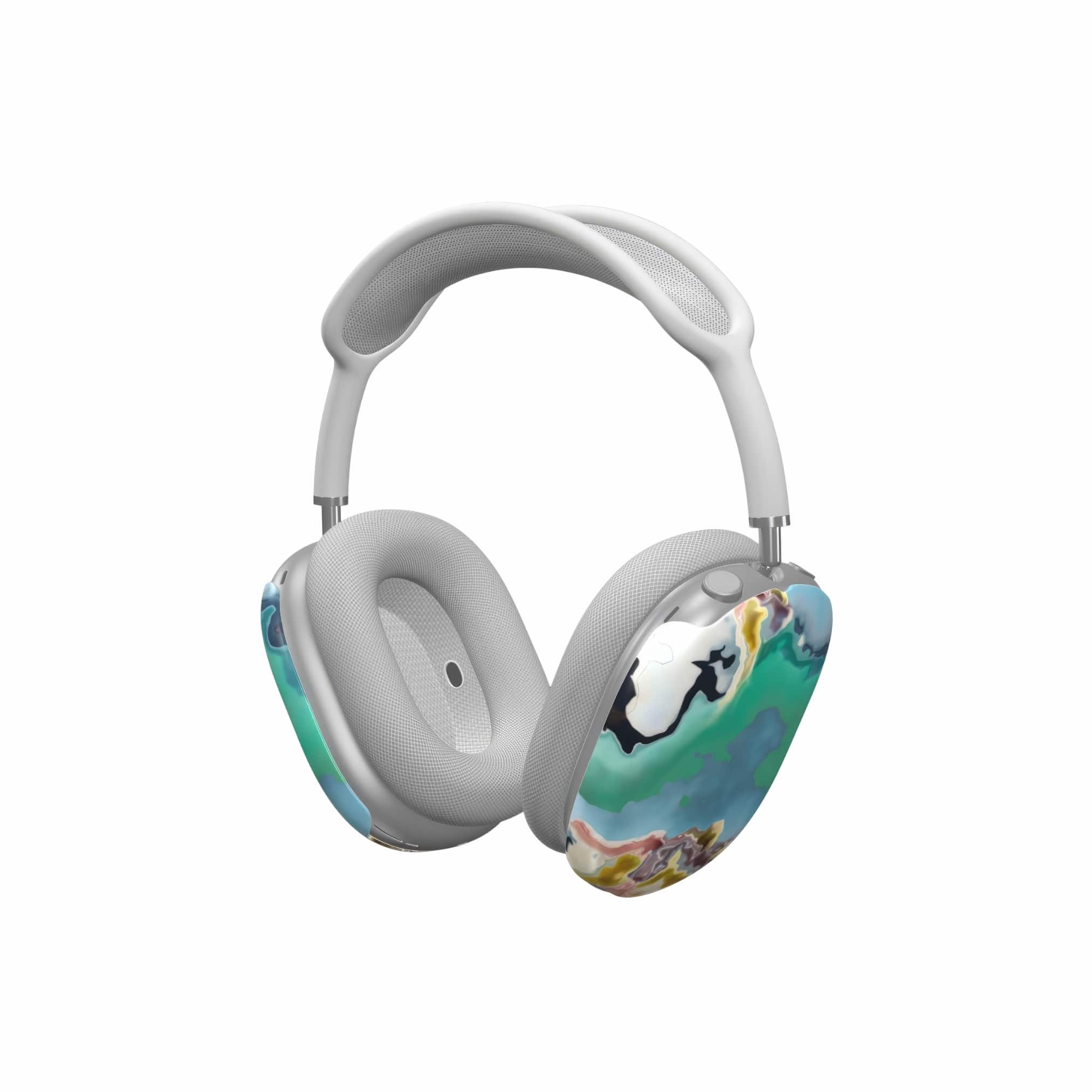AirPods Max tough case with a bold vivid pattern Oceans Breath 1 in marble abstract and artistic style, featuring an elegant and expressive aesthetic design. Main colors are blue and green. Side view.