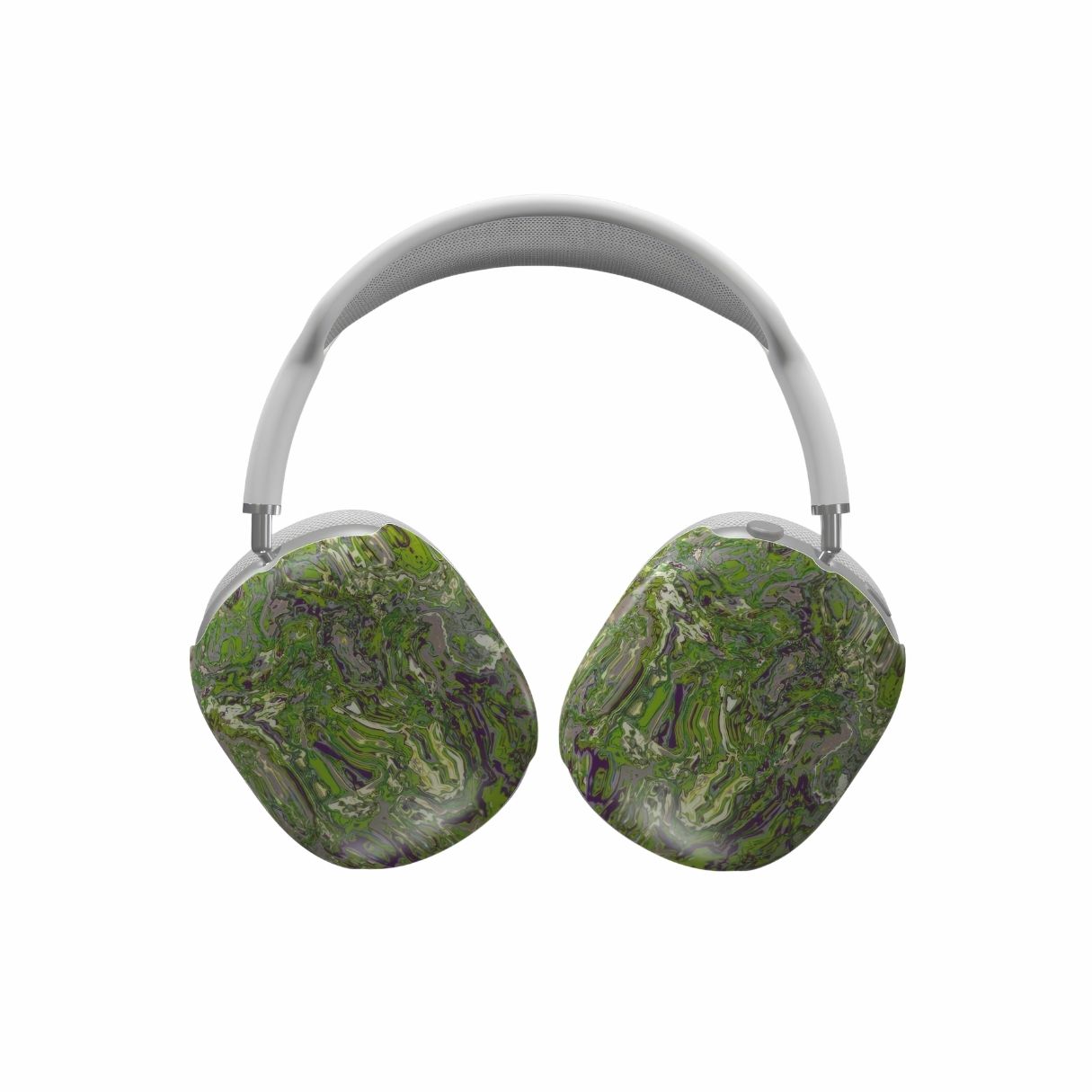 AirPods Max case with a bold vivid pattern Olive Smash abstract and artistic style, featuring an elegant and expressive aesthetic design. Main colors are olive green and purple hues. Front view.
