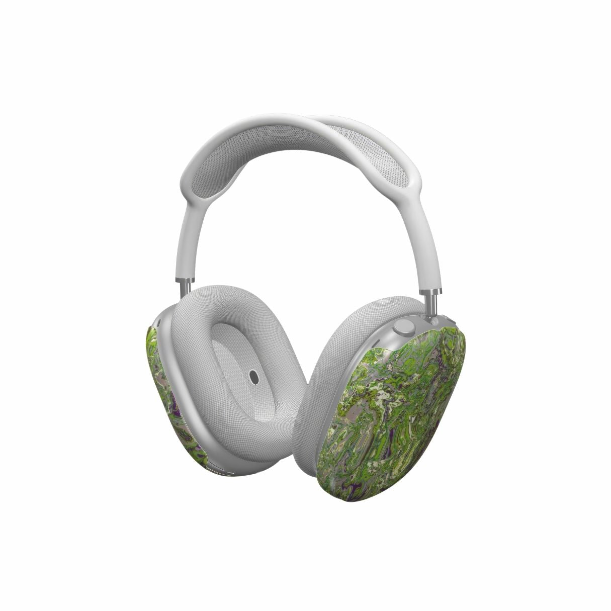 AirPods Max case with a bold vivid pattern Olive Smash abstract and artistic style, featuring an elegant and expressive aesthetic design. Main colors are olive green and purple hues. Side view.