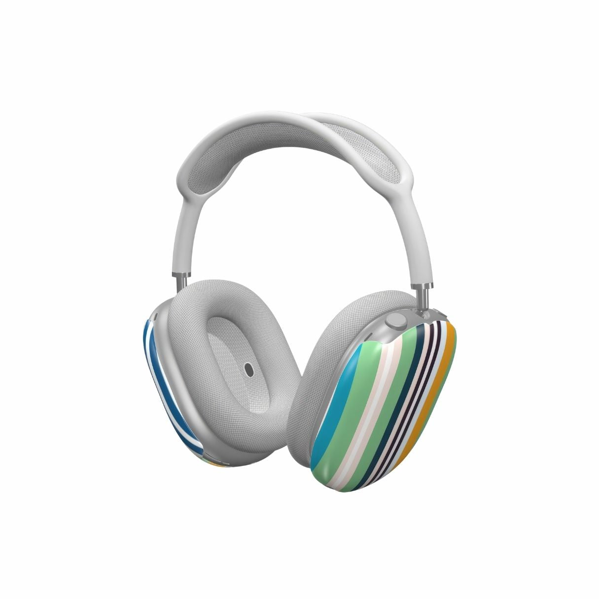 AirPods Max case Parallel Flow Mint pattern with tiny color stripes, featuring an elegant and expressive aesthetic design. Main colors are minty sage, powder pink, navy blue, orange. Side view.