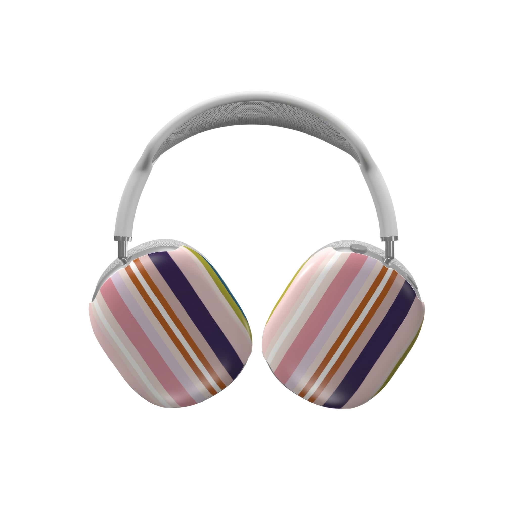 AirPods Max tough case Parallel Flow Pink pattern with tiny color stripes, featuring an elegant and expressive aesthetic design. Main colors are pink, lilac and purple. Front view.