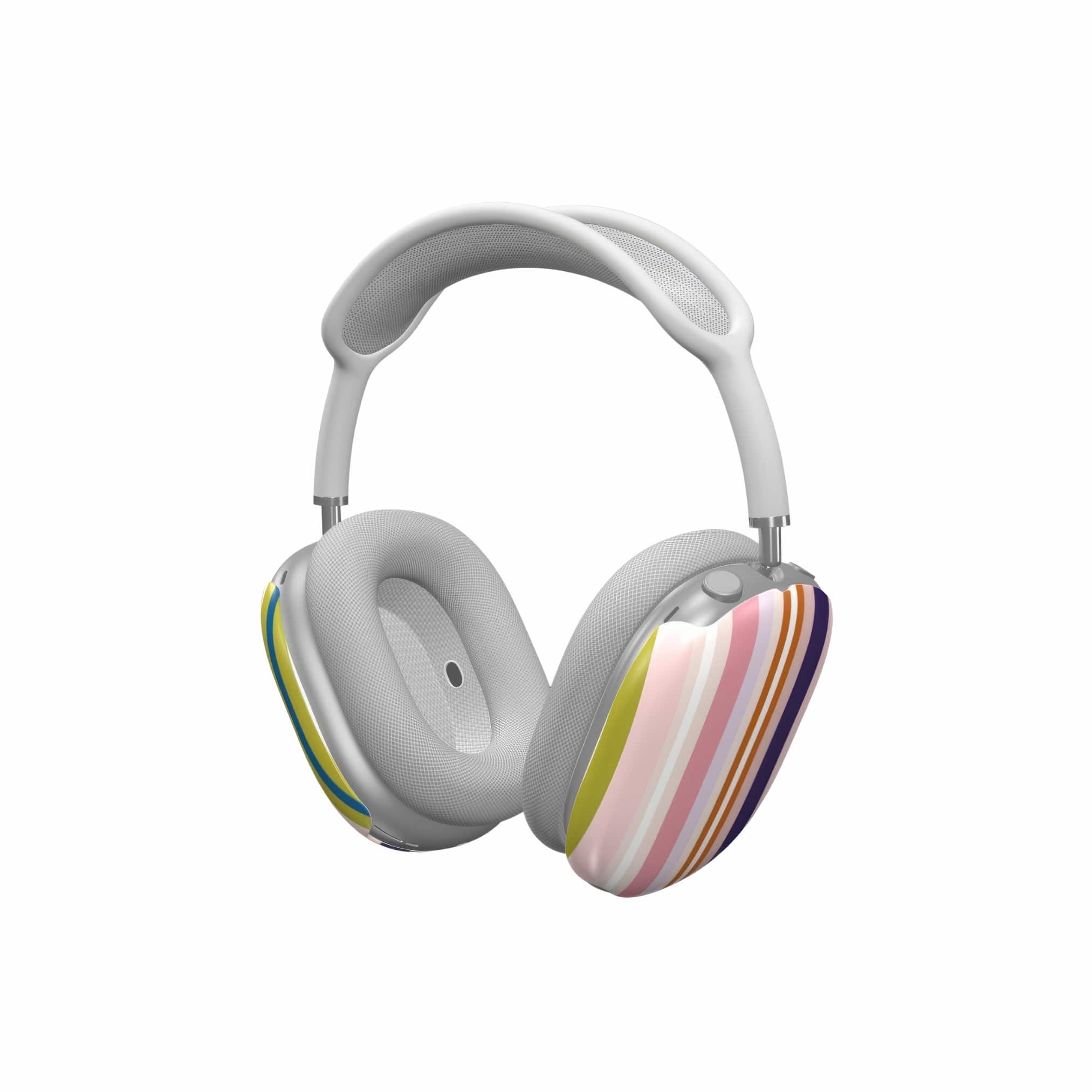 AirPods Max tough case Parallel Flow Pink pattern with tiny color stripes, featuring an elegant and expressive aesthetic design. Main colors are pink, lilac and purple.  Side view.