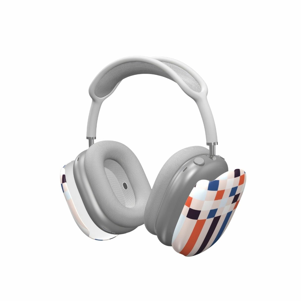 AirPods Max hard shell tough case Pixel Grid Blue pattern design with a bold color blocks in pixel and stripes modern style, featuring an elegant and expressive aesthetic design. Main colors are pink, navy, orange red and light sky blue. Extend view.