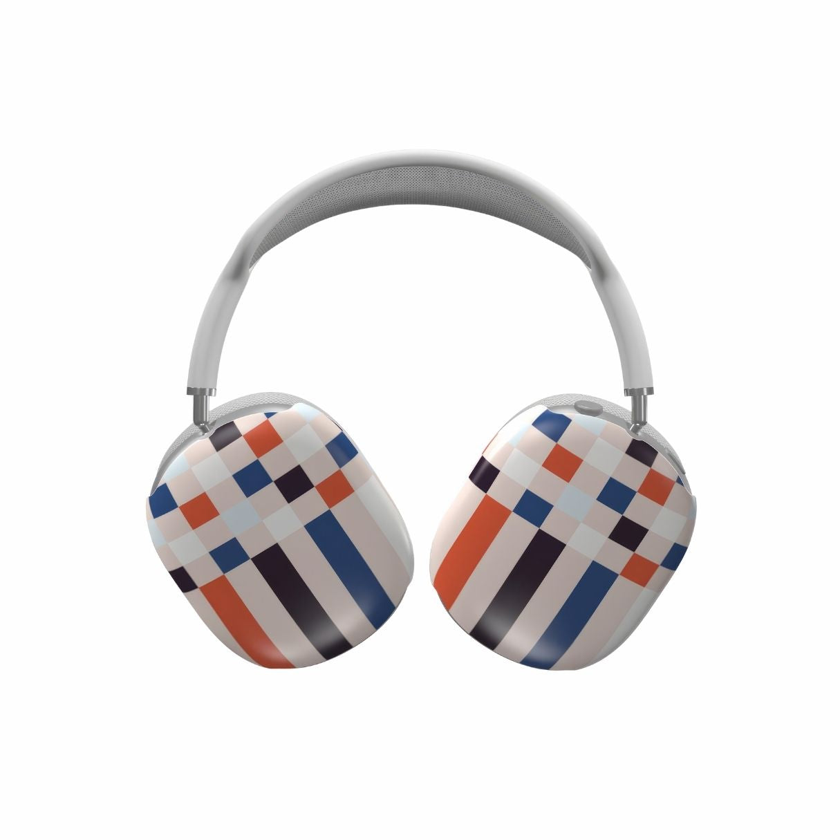 AirPods Max hard shell tough case Pixel Grid Blue pattern design with a bold color blocks in pixel and stripes modern style, featuring an elegant and expressive aesthetic design. Main colors are pink, navy, orange red and light sky blue. Front view.
