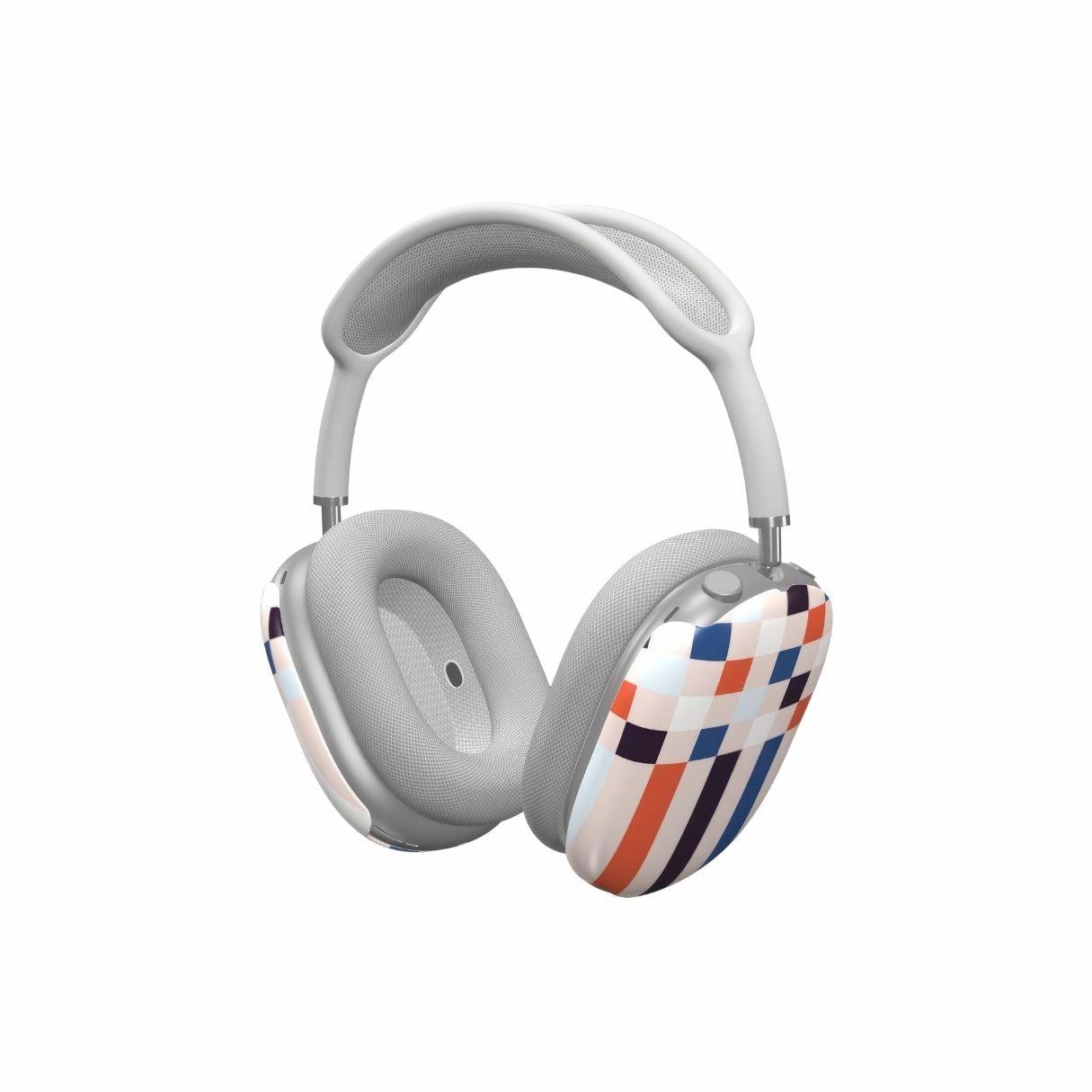 AirPods Max tough case Pixel Grid Blue pattern design with a bold color blocks in pixel and stripes modern style, featuring an elegant and expressive aesthetic design. Main colors are pink, navy, orange red and light sky blue. Side view.