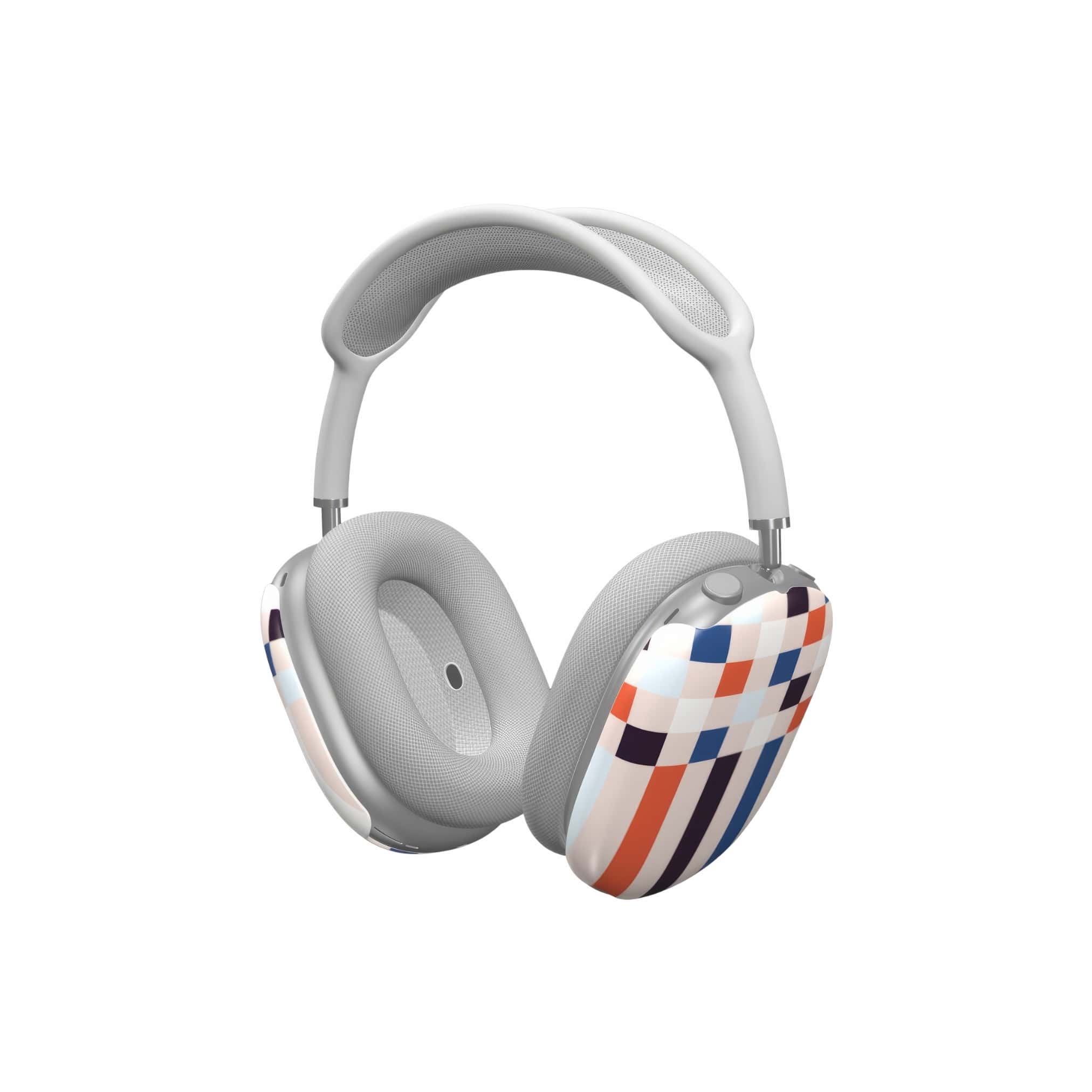 AirPods Max tough case Pixel Grid Blue pattern design with a bold color blocks in pixel and stripes modern style, featuring an elegant and expressive aesthetic design. Main colors are pink, navy, orange red and light sky blue. Side view.