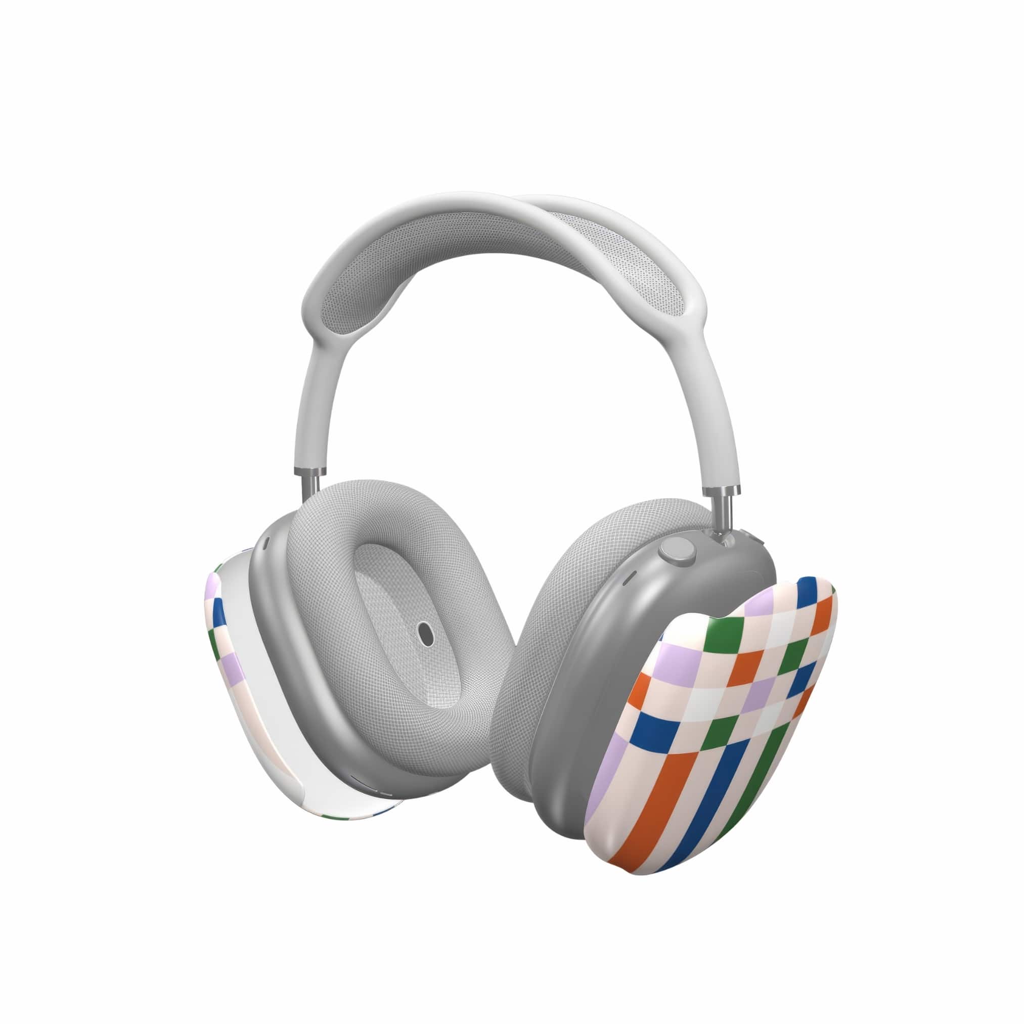 AirPods Max case Pixel Grid Multi pattern design with a bold color blocks in pixel and stripes modern style, featuring an elegant and expressive aesthetic design. Main colors are rich orange, blue, lilac and green. Side view.