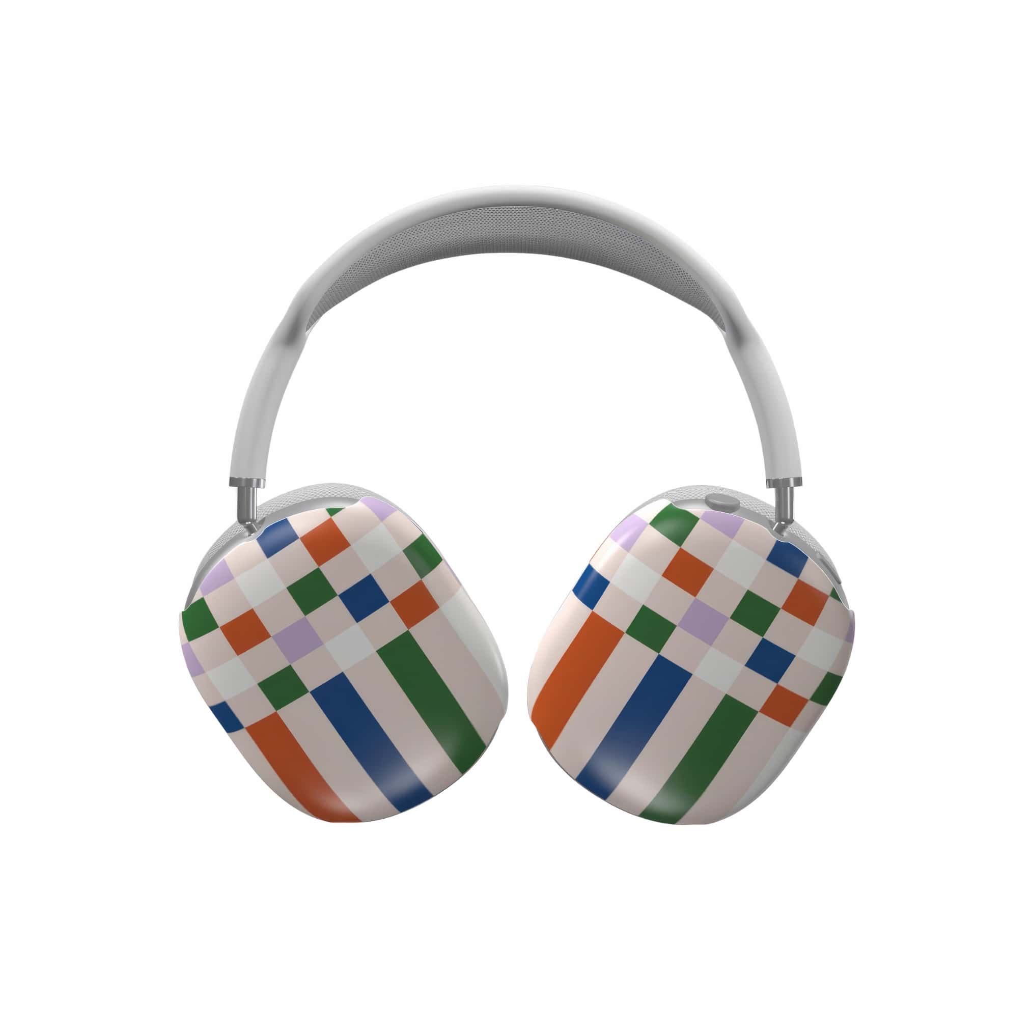 AirPods Max case Pixel Grid Multi pattern design with a bold color blocks in pixel and stripes modern style, featuring an elegant and expressive aesthetic design. Main colors are rich orange, blue, lilac and green. Front view.