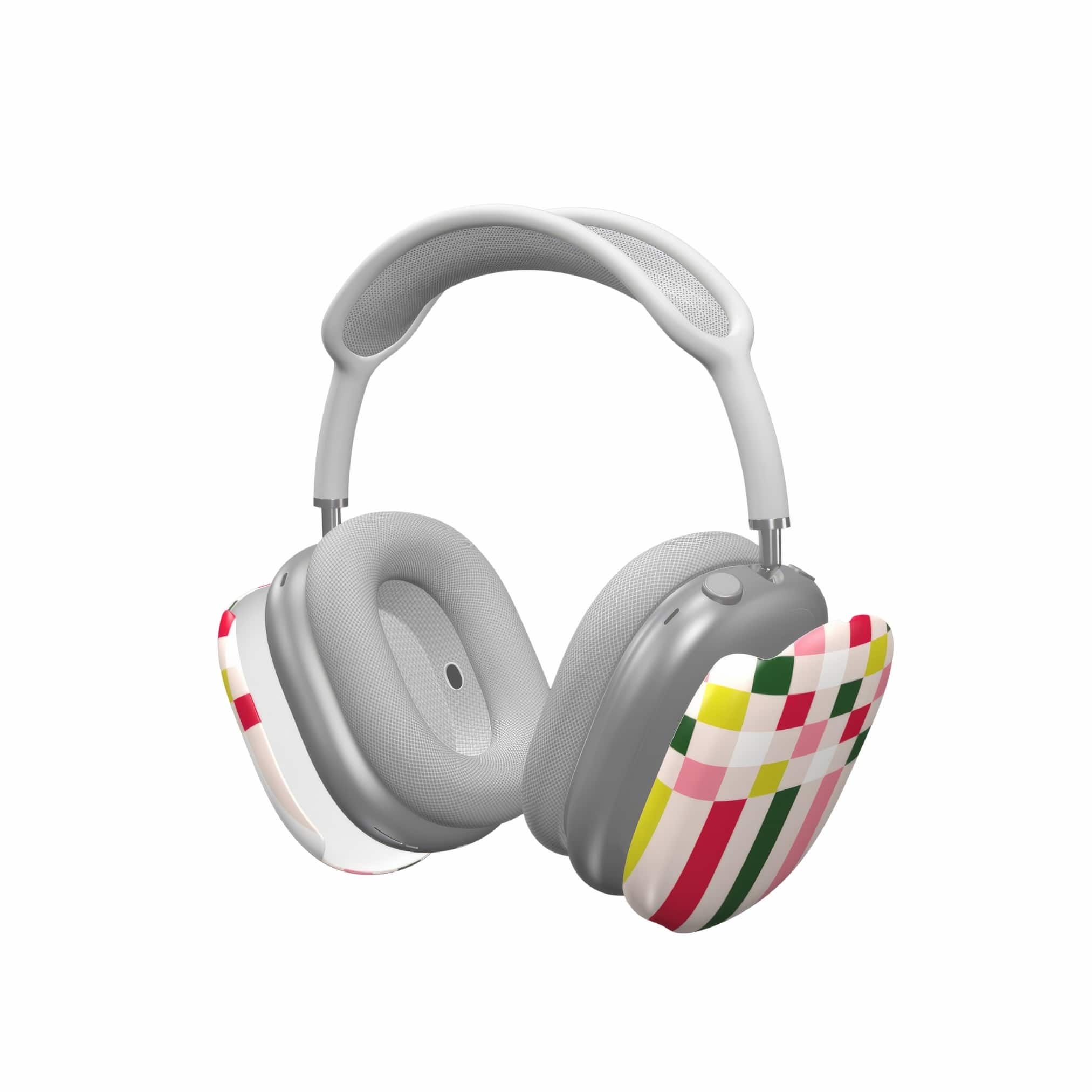 AirPods Max tough case Pixel Grid Pink pattern design with a bold color blocks in pixel and stripes modern style, featuring an elegant and expressive aesthetic design. Main colors are rich red, pink yellow and green. Extend view.