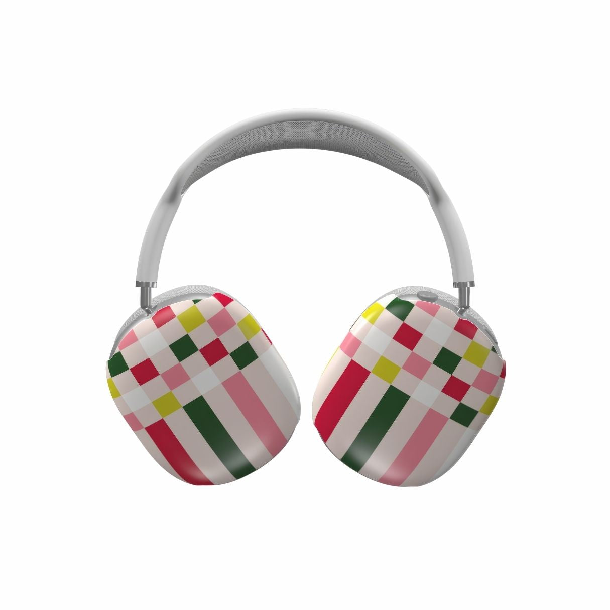 AirPods Max tough case Pixel Grid Pink pattern design with a bold color blocks in pixel and stripes modern style, featuring an elegant and expressive aesthetic design. Main colors are rich red, pink yellow and green. Front view.