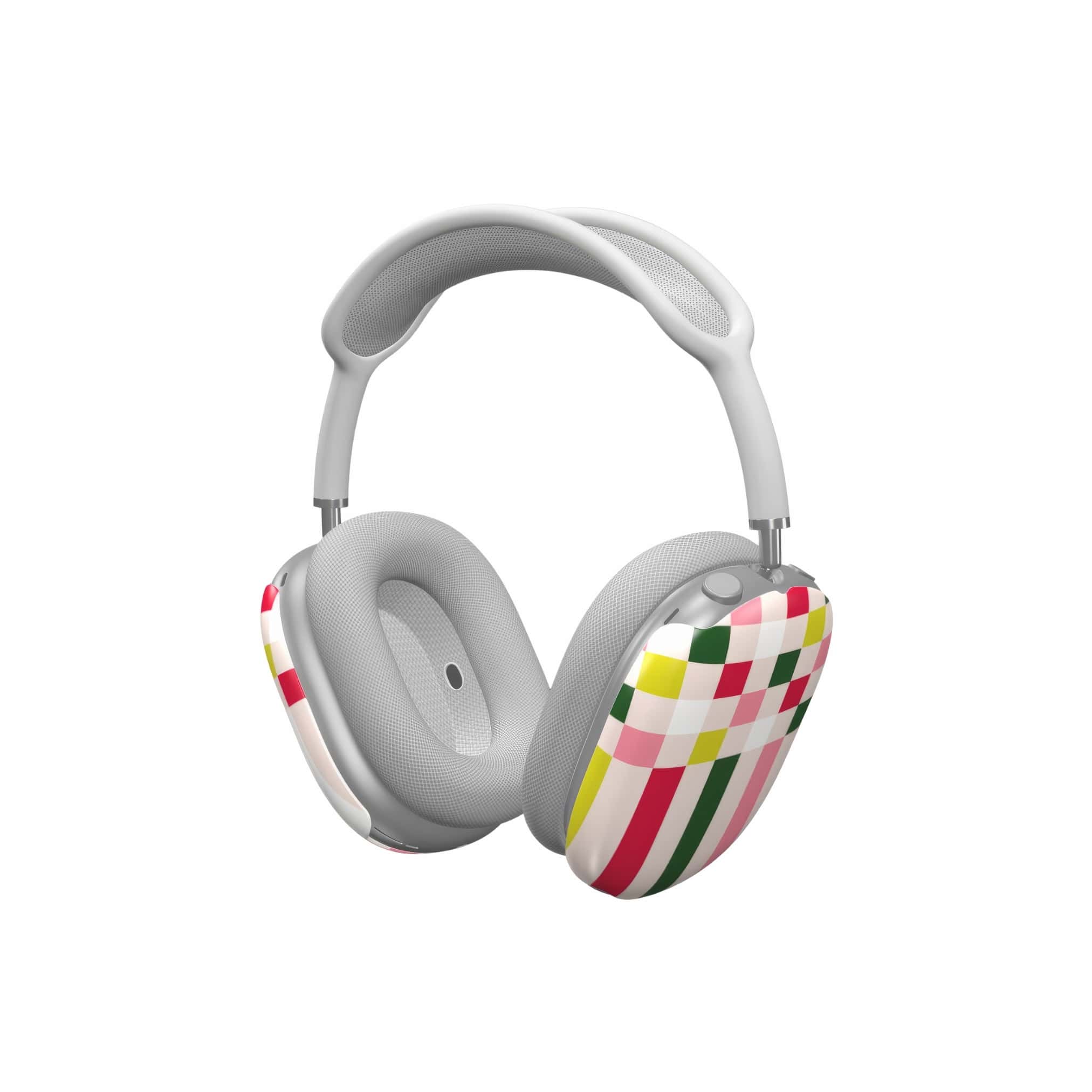 AirPods Max tough case Pixel Grid Pink pattern design with a bold color blocks in pixel and stripes modern style, featuring an elegant and expressive aesthetic design. Main colors are rich red, pink yellow and green. Side view.