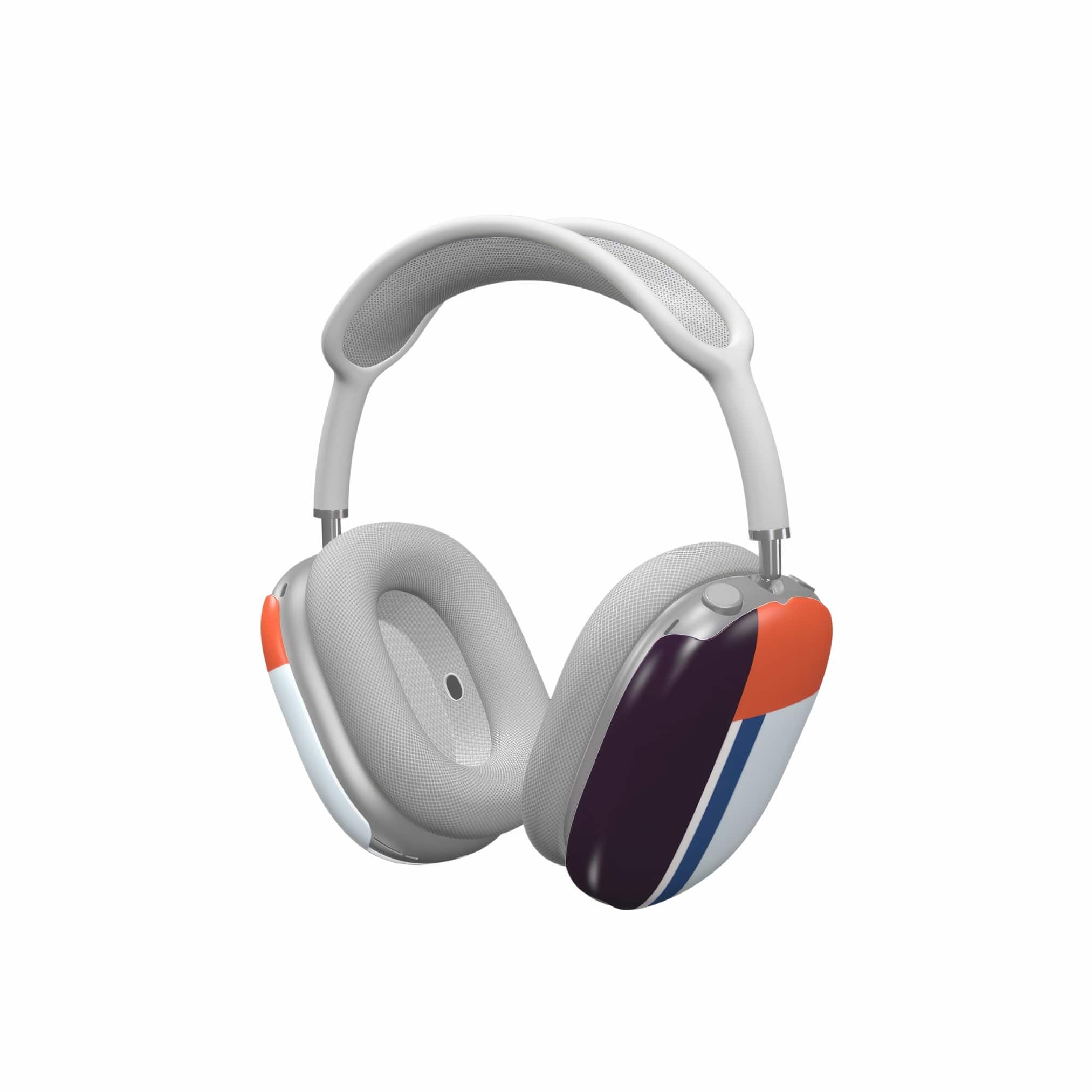 AirPods Max tough case Retro Stripes Blue pattern design with a bold color blocks in vintage, mid century modern style, featuring an elegant and expressive aesthetic design. Main colors are deep purple, navy, light blue and orange red. Side view.