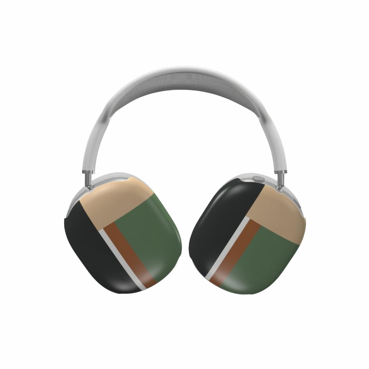 AirPods Max tough case Retro Stripes Khaki pattern design with a bold color blocks in vintage, mid century modern style, featuring an elegant and expressive aesthetic design. Main colors are khaki, dark green, brown and cappuccino. Front view.