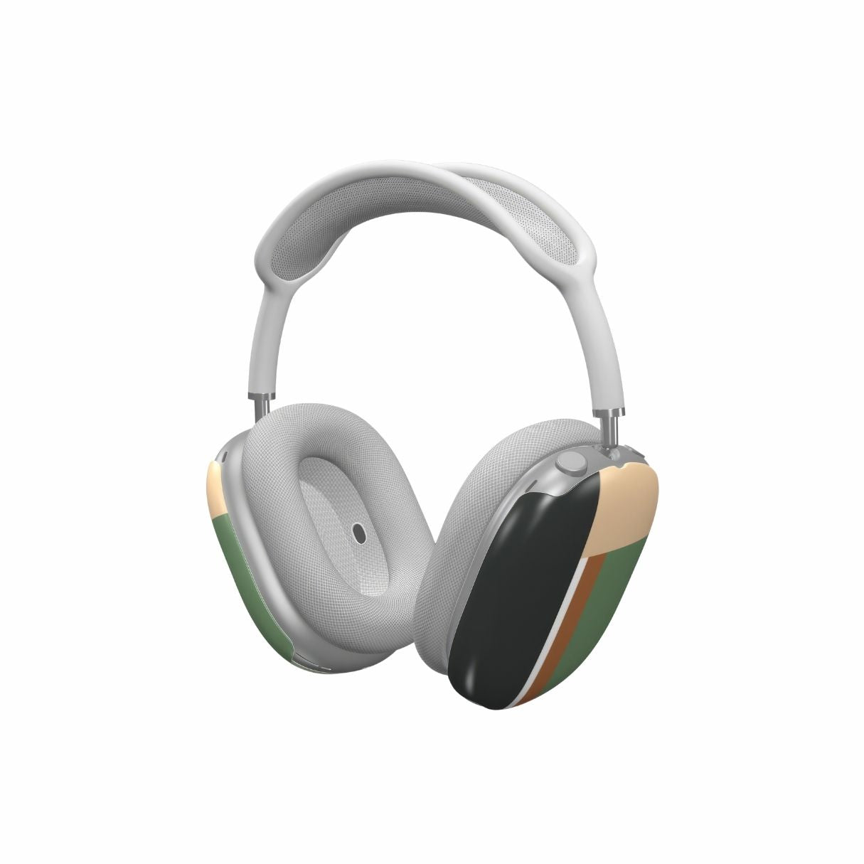 AirPods Max tough case Retro Stripes Khaki pattern design with a bold color blocks in vintage, mid century modern style, featuring an elegant and expressive aesthetic design. Main colors are khaki, dark green, brown and cappuccino. Side view.
