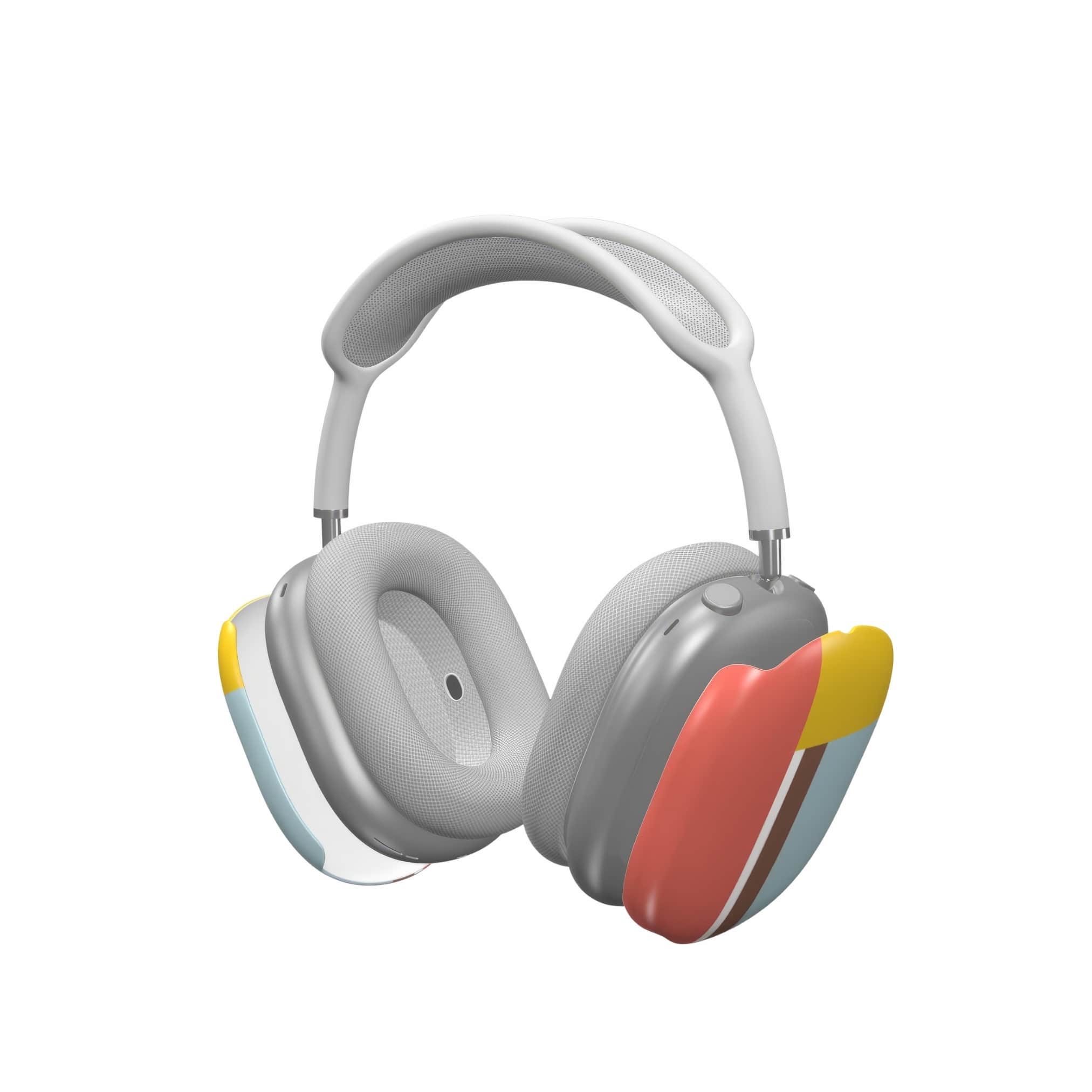 AirPods Max tough case Retro Stripes Red pattern design with a bold color blocks in vintage, mid century modern style, featuring an elegant and expressive aesthetic design. Main colors are yellow, muted red and light blue. Extend view.