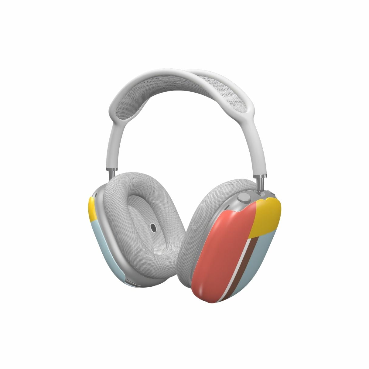 AirPods Max tough case Retro Stripes Red pattern design with a bold color blocks in vintage, mid century modern style, featuring an elegant and expressive aesthetic design. Main colors are yellow, muted red and light blue. Side view.