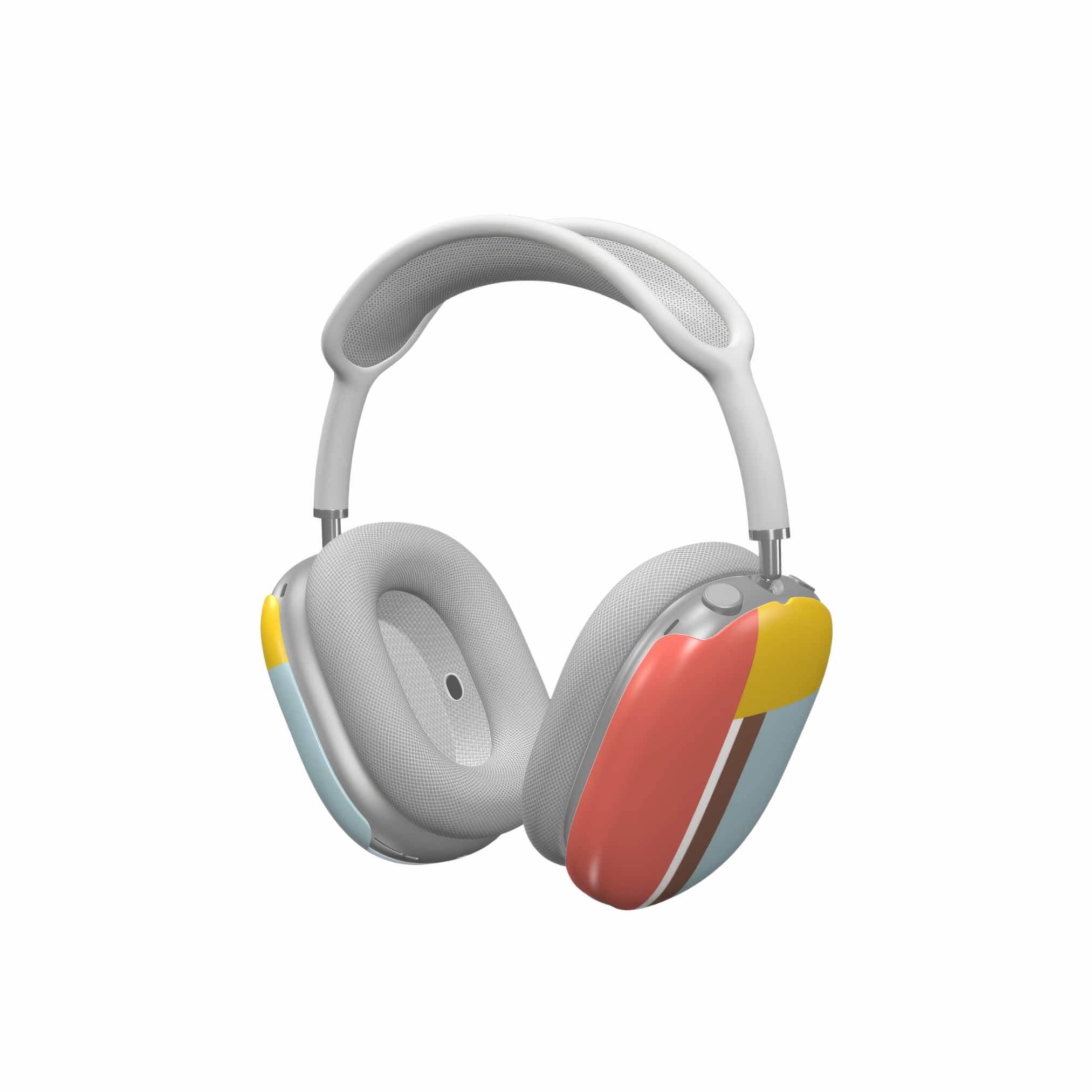 AirPods Max tough case Retro Stripes Red pattern design with a bold color blocks in vintage, mid century modern style, featuring an elegant and expressive aesthetic design. Main colors are yellow, muted red and light blue. Side view.